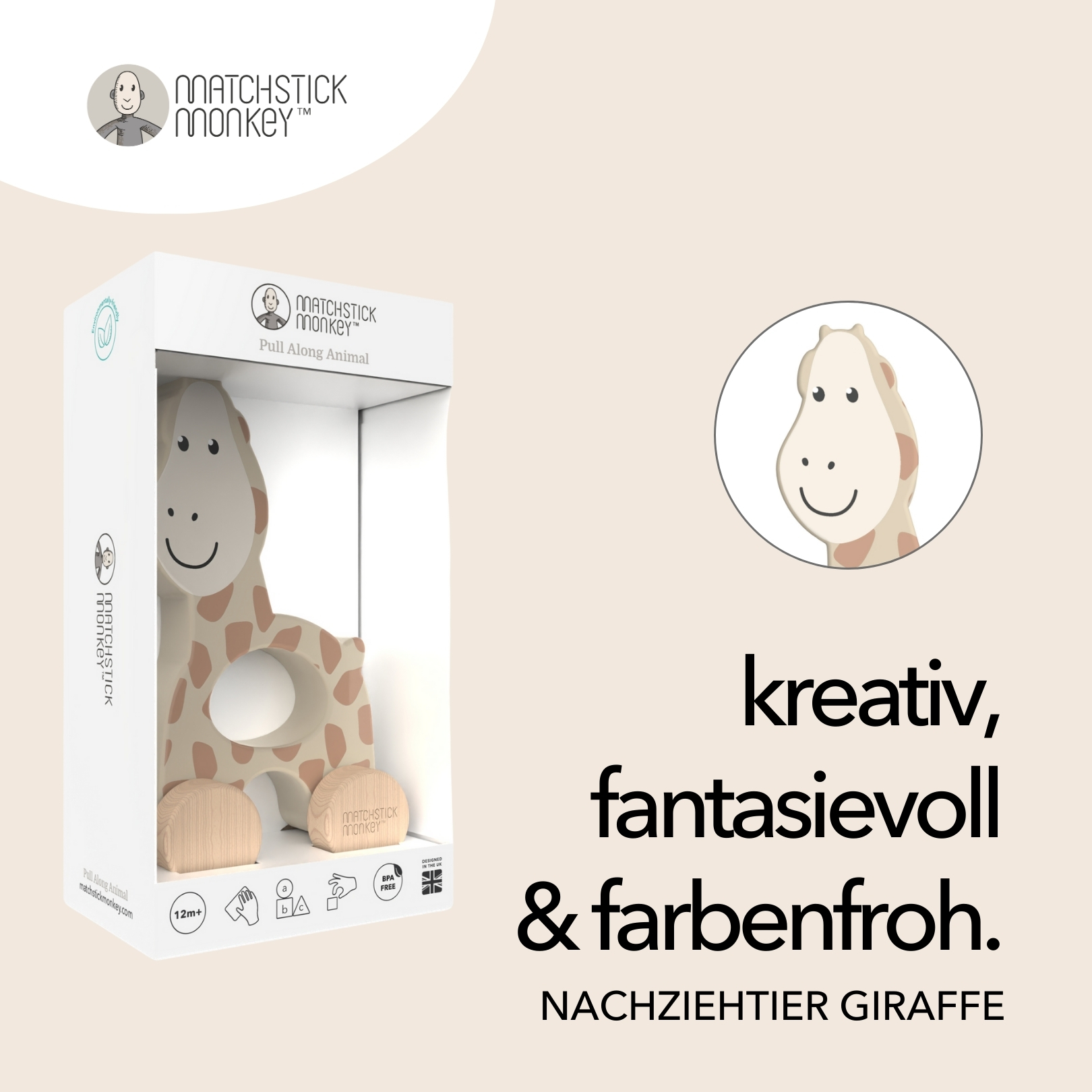 Spielzeug-Giraffe in Box mit Text, 'kreativ, fantasievoll & farbenfroh'. Lächelnde Giraffe auf Box.
