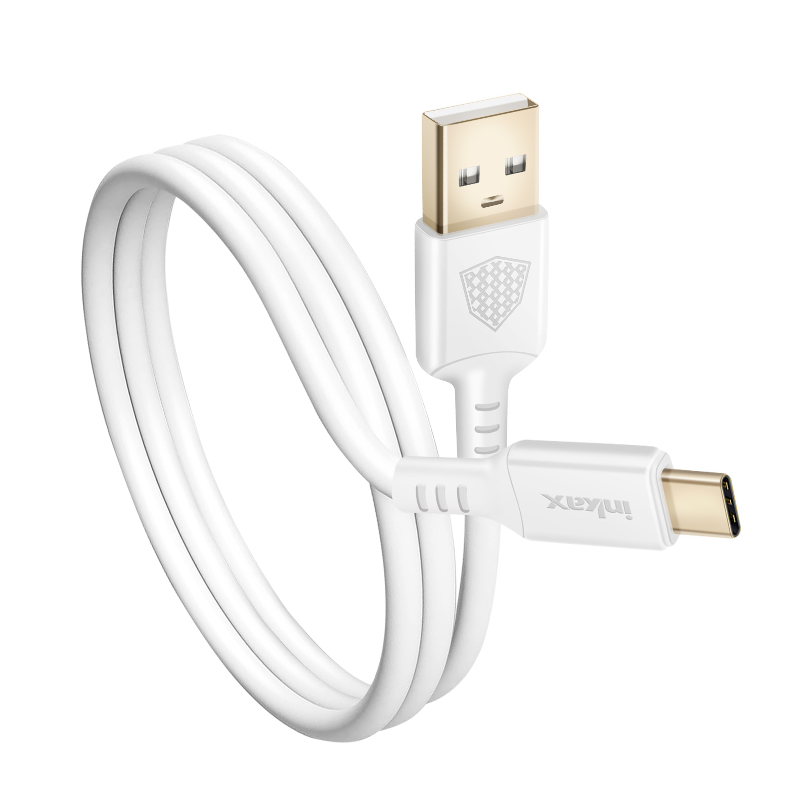 Cavo USB bianco con connettori USB-A e USB-C, arrotolato. Il cavo è su sfondo bianco.
