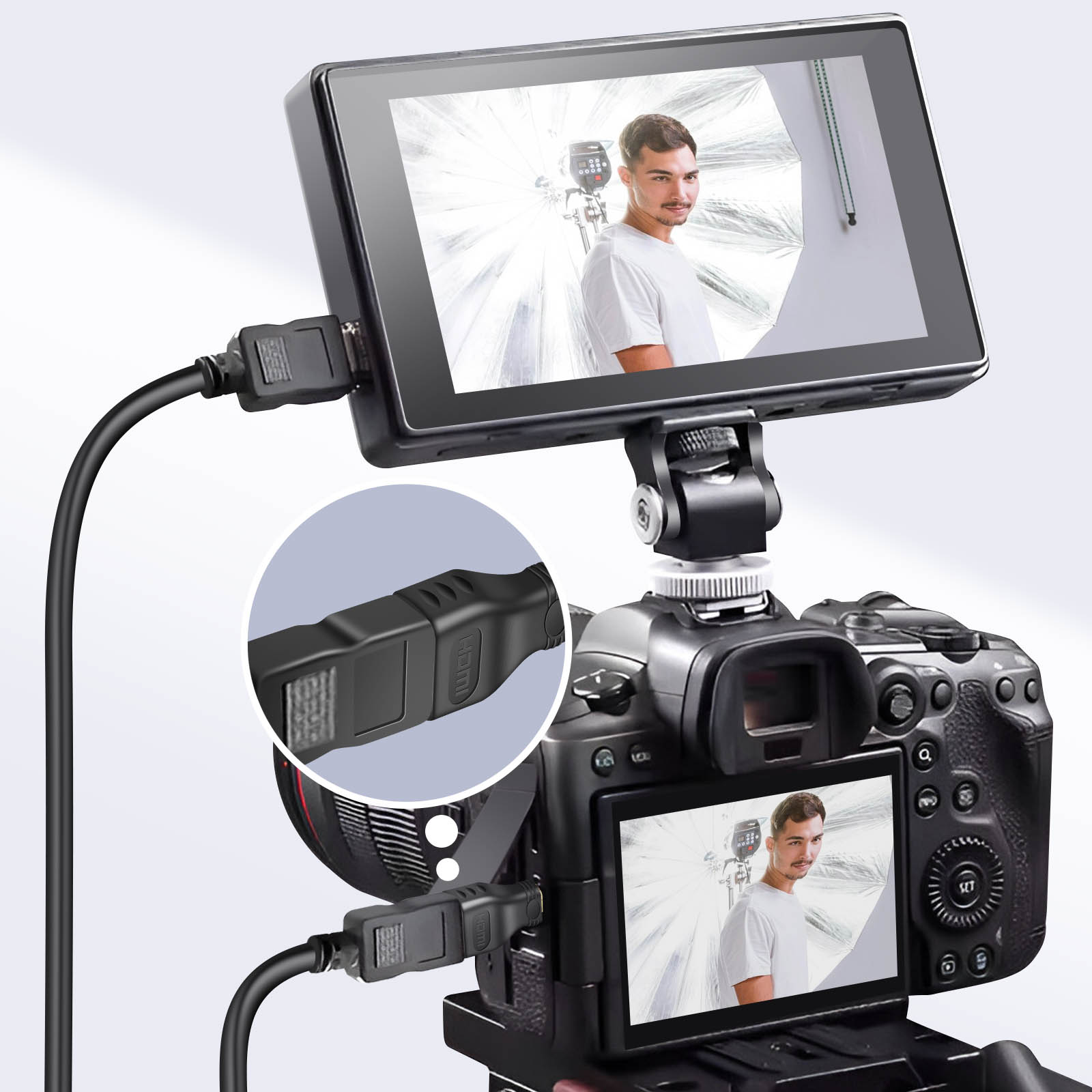 Configurazione fotocamera con monitor che mostra l'immagine di un uomo. Cavi neri.