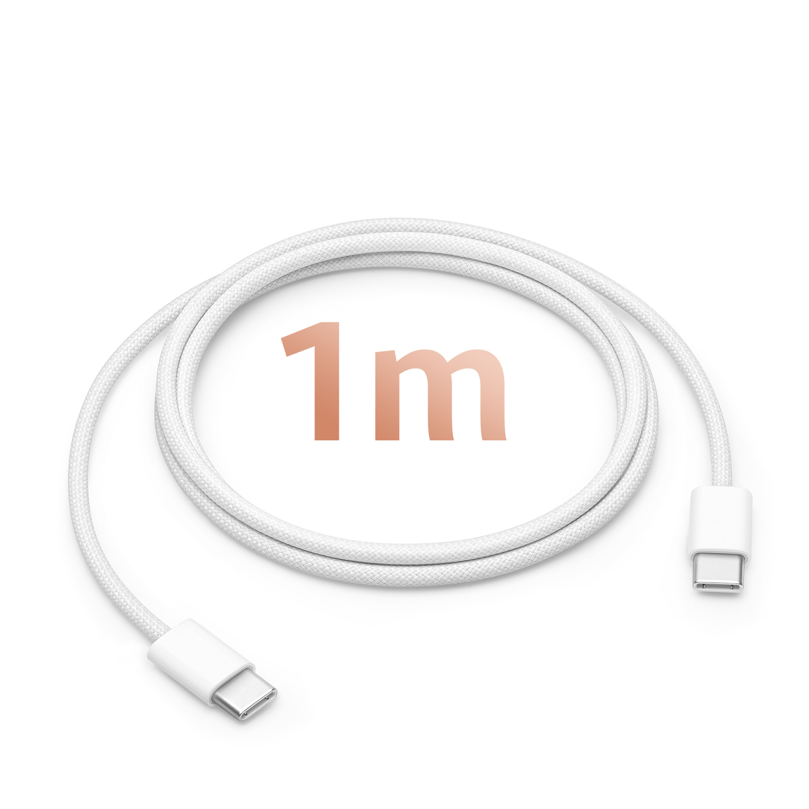 Cavo USB-C bianco arrotolato con testo color rame: 1m. Sfondo bianco.
