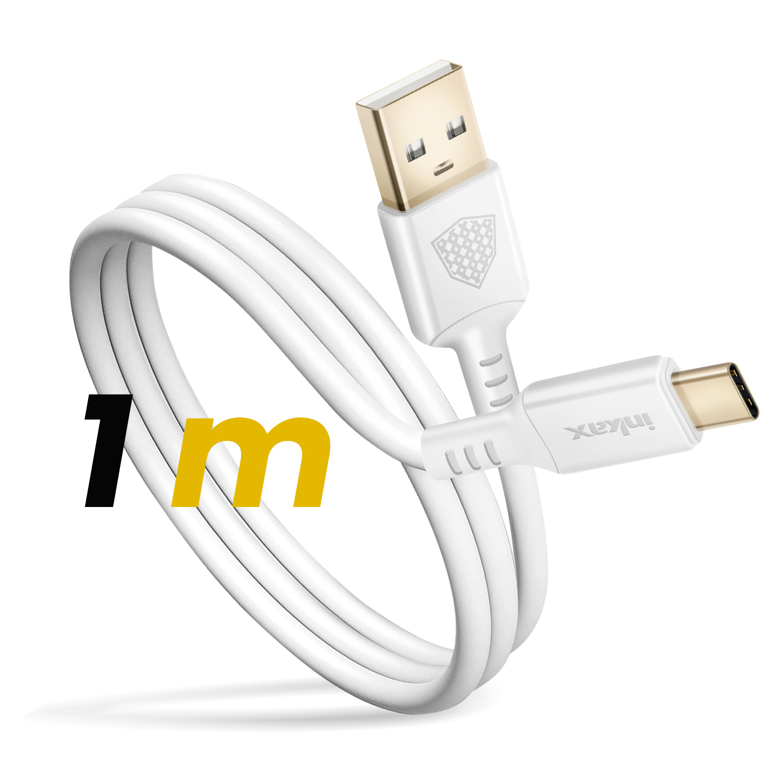 Cavo USB bianco con connettori USB-A e USB-C. Il cavo è curvo.