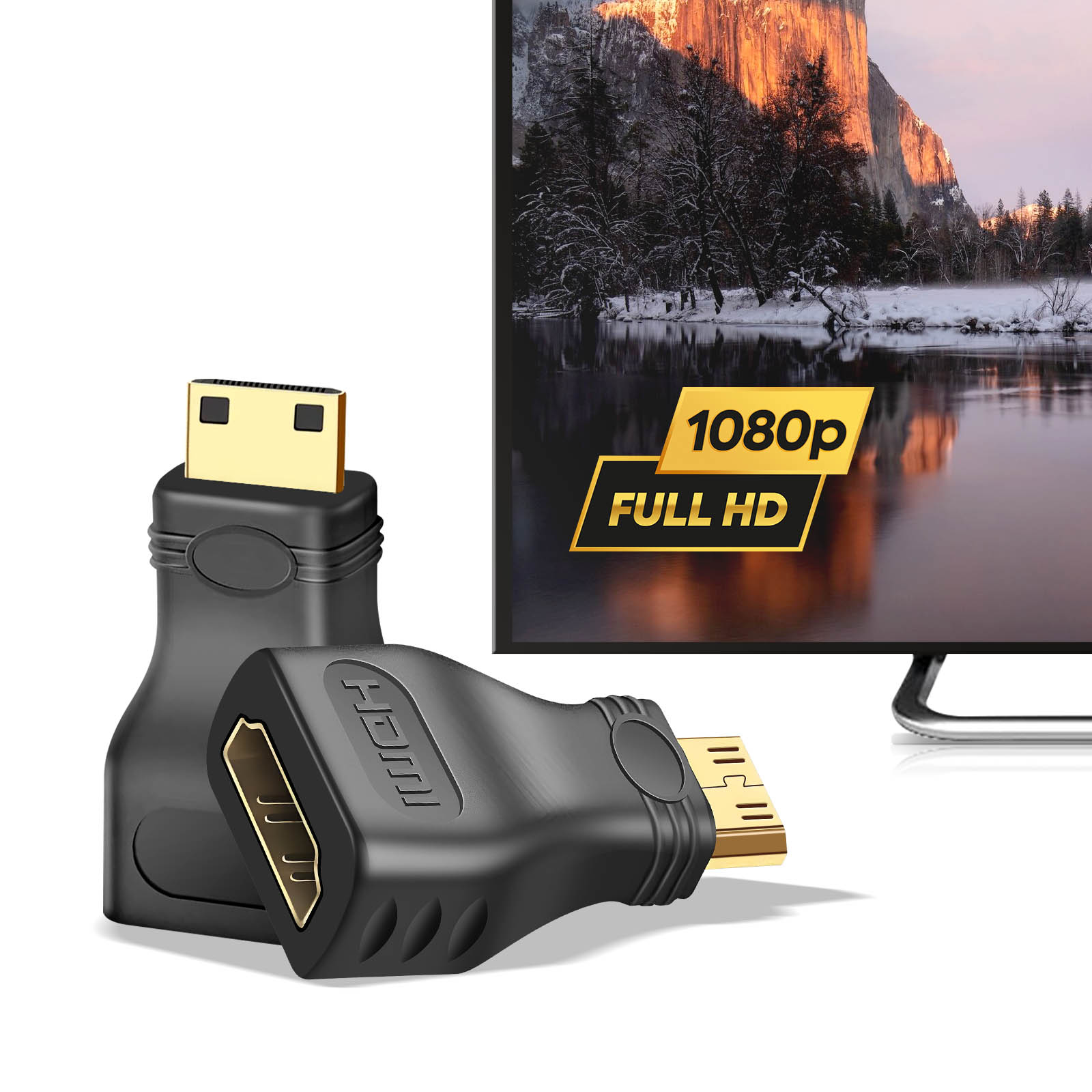 Adattatori HDMI e schermo TV con testo, sfondo bianco.