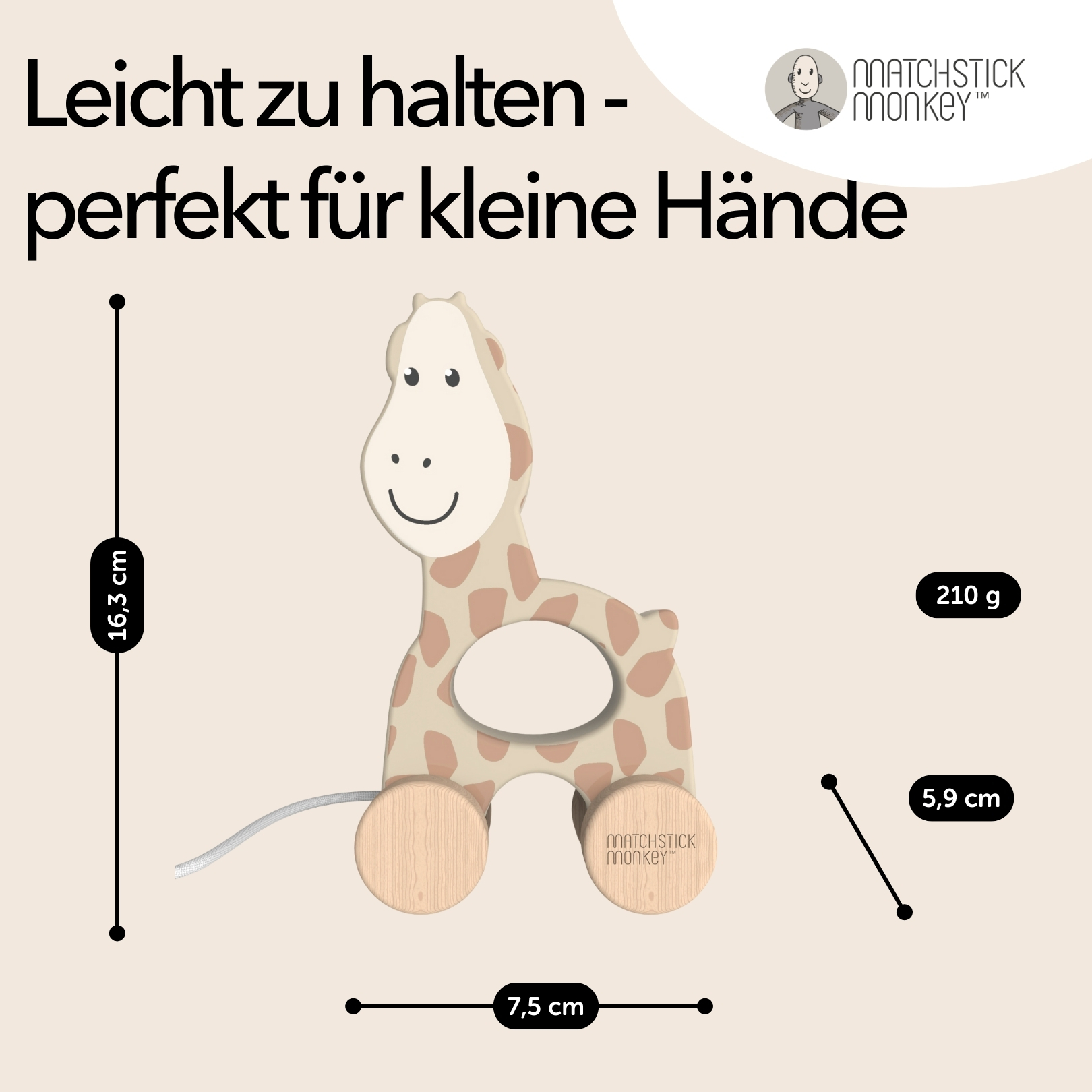 Holzgiraffe-Spielzeug mit Maßen und Text auf beigefarbenem Hintergrund mit einem Matchstick Monkey-Logo.