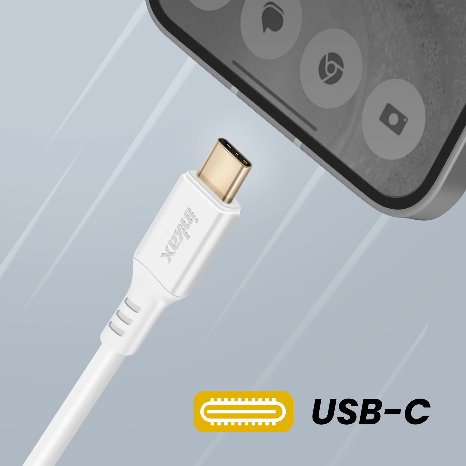 Cavo USB-C bianco collegato a un telefono. Il cavo è etichettato 'inkax', simbolo USB-C giallo.