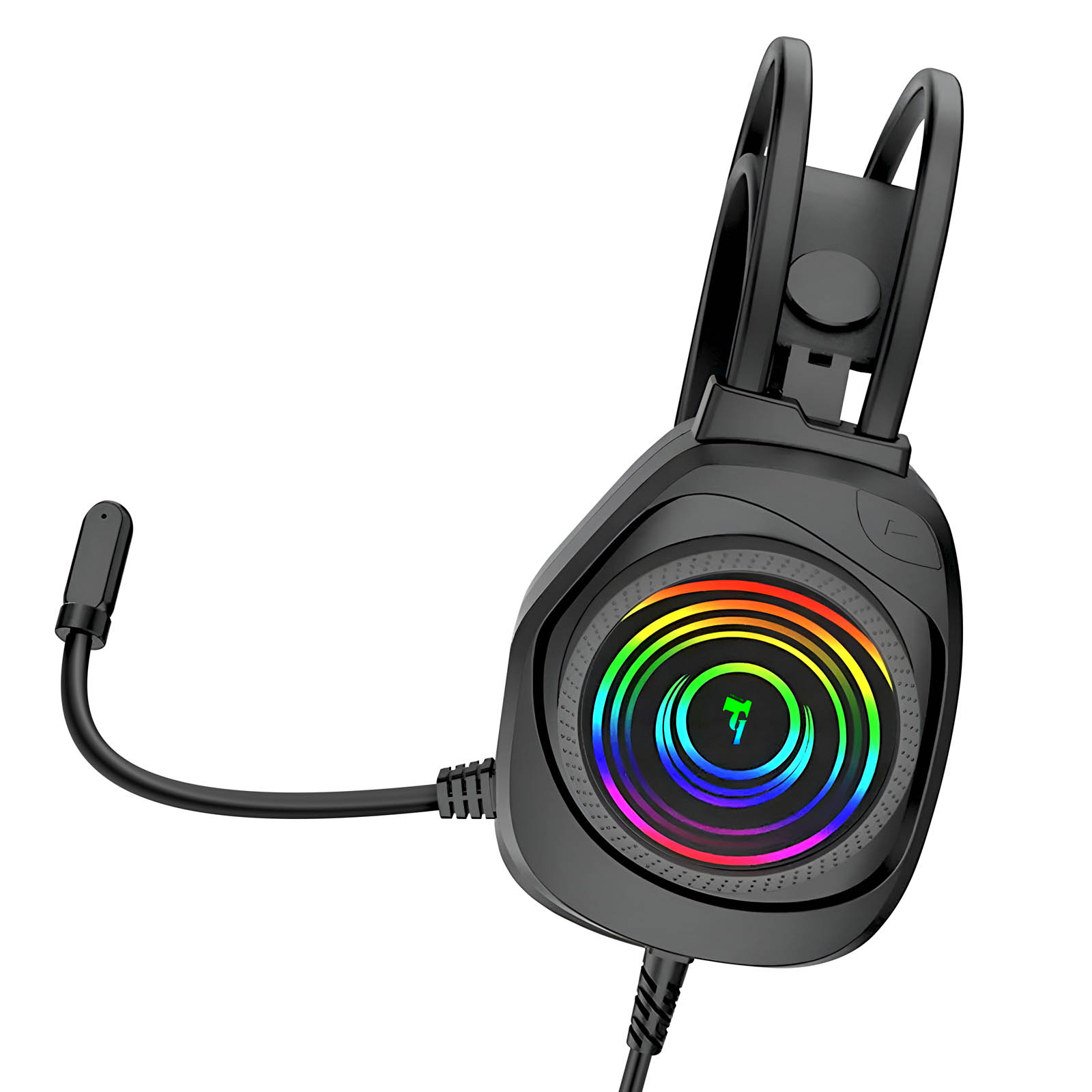 Cuffie da gioco nere con design luminoso arcobaleno sui padiglioni auricolari. Un microfono è collegato.