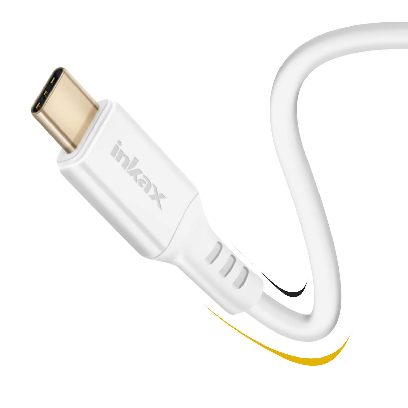 Cavo USB-C bianco con connettore dorato. Sfondo bianco. Marchio Inkax.