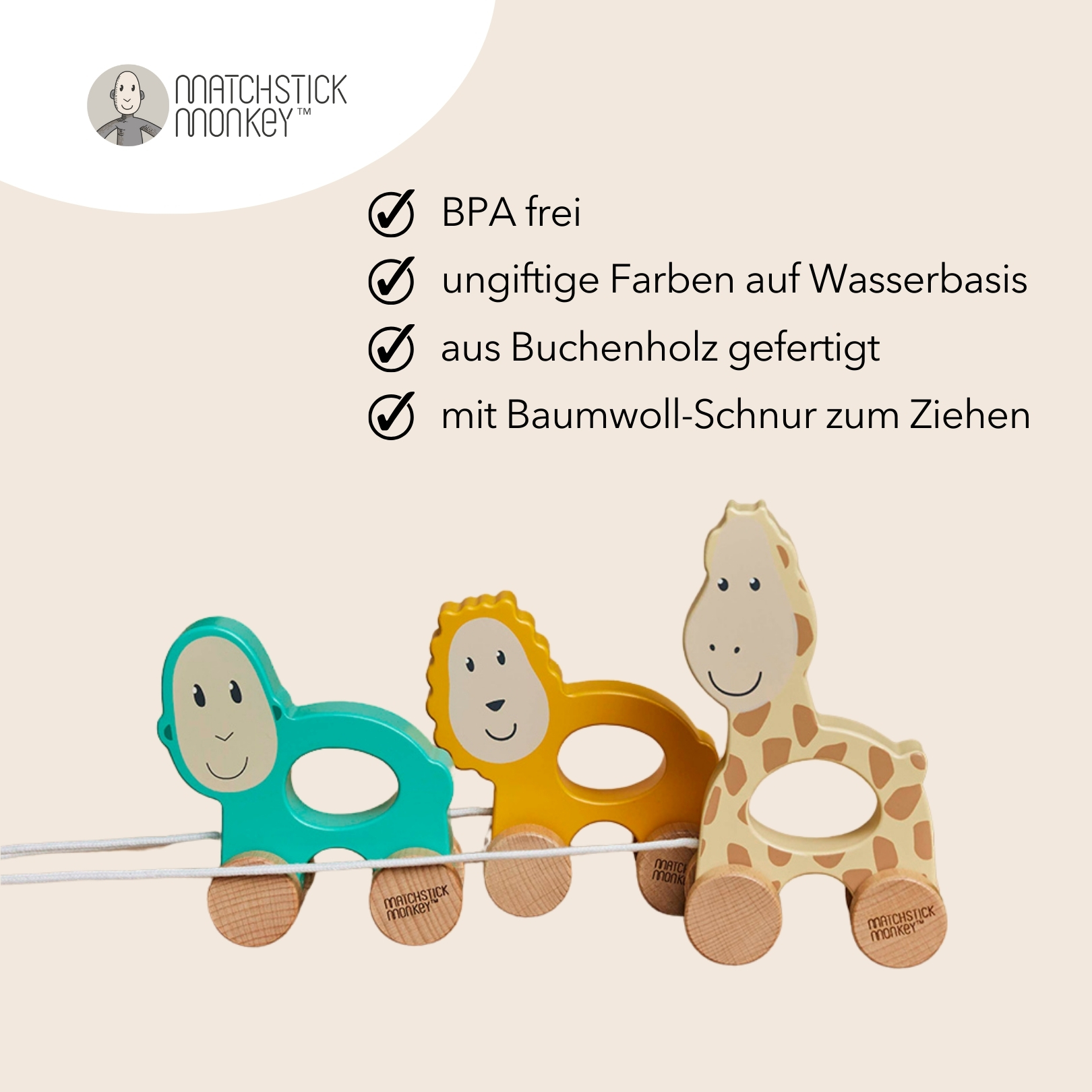 Holz-Nachziehtiere: Affe, Löwe, Giraffe.