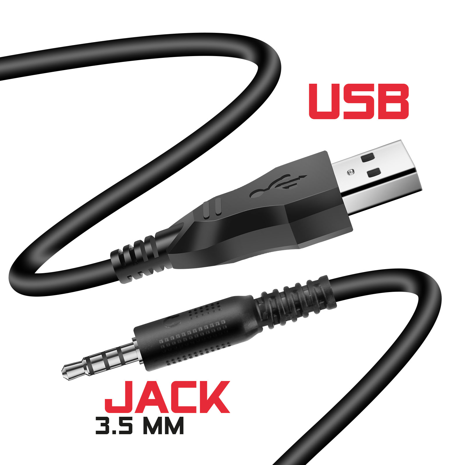 Cavo da USB nero a jack da 3,5 mm. Estremità USB in alto, jack in basso, con etichette USB e JACK rosse.
