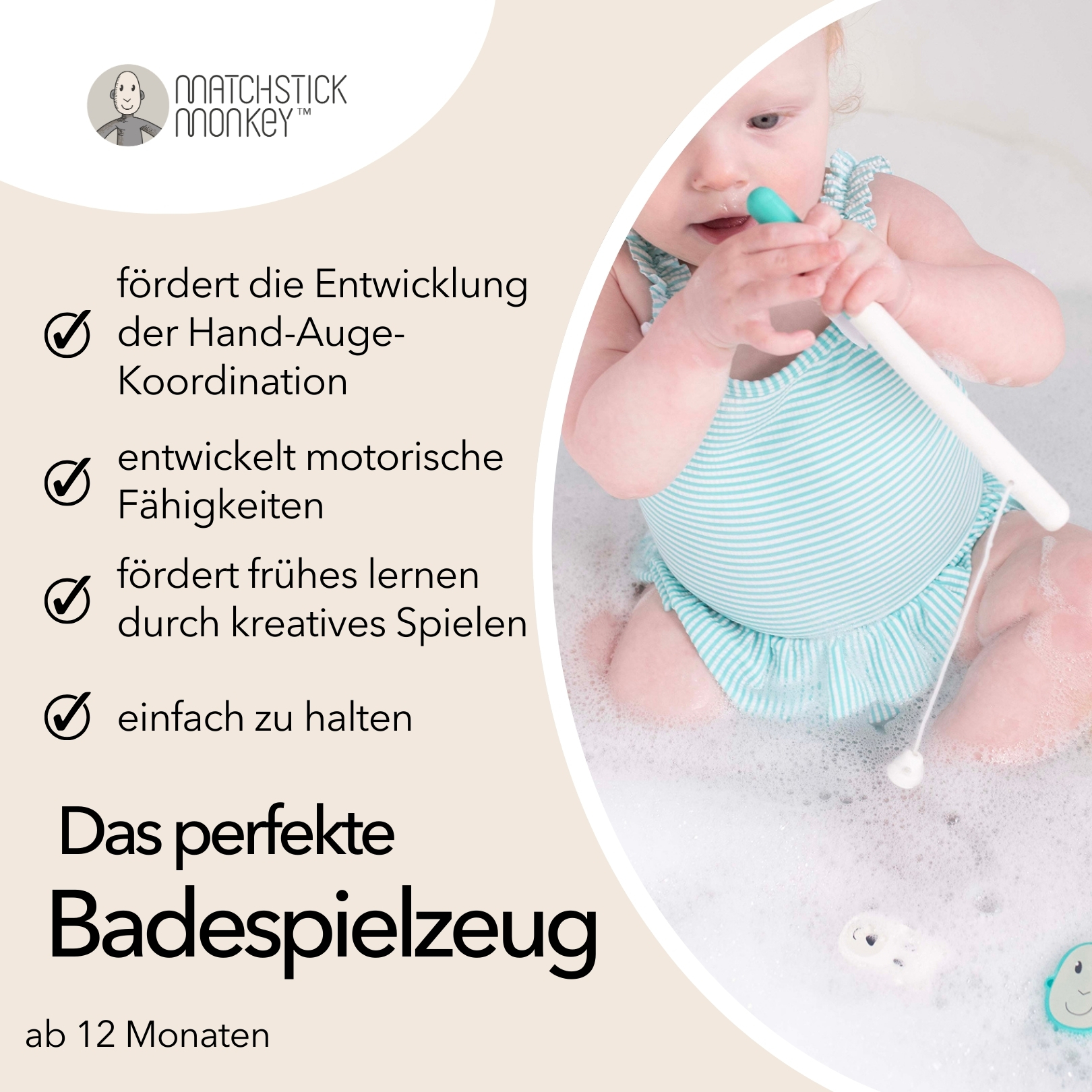 Baby in Badewanne spielt mit Spielzeug. Text wirbt für das Spielzeug.