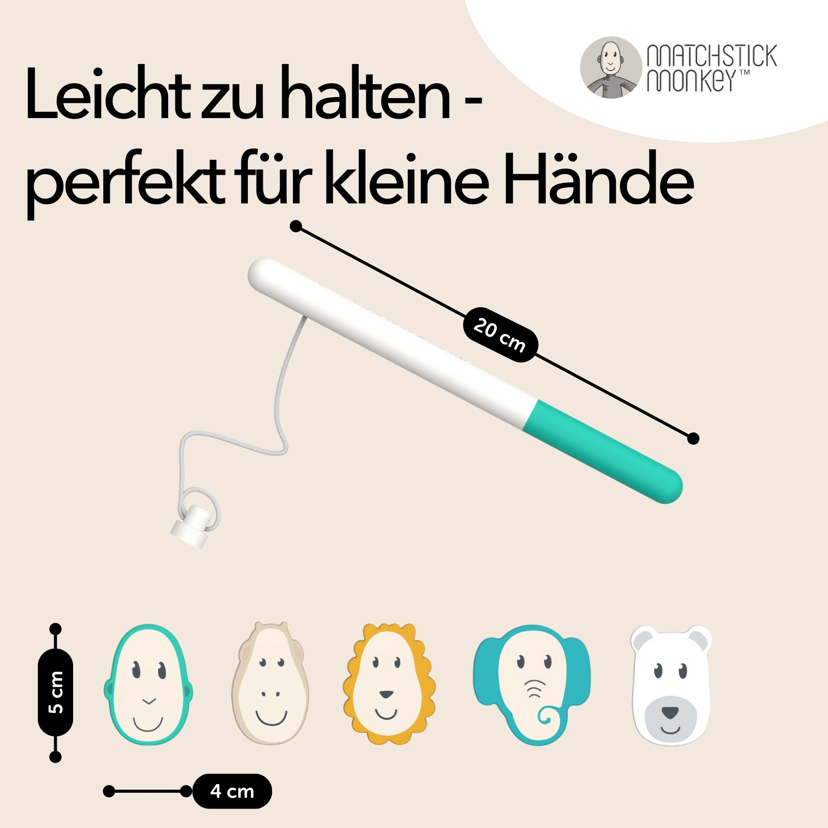 Weißes Beißspielzeug mit angehängter Schnur und verschiedenen tierförmigen Beißringen.
