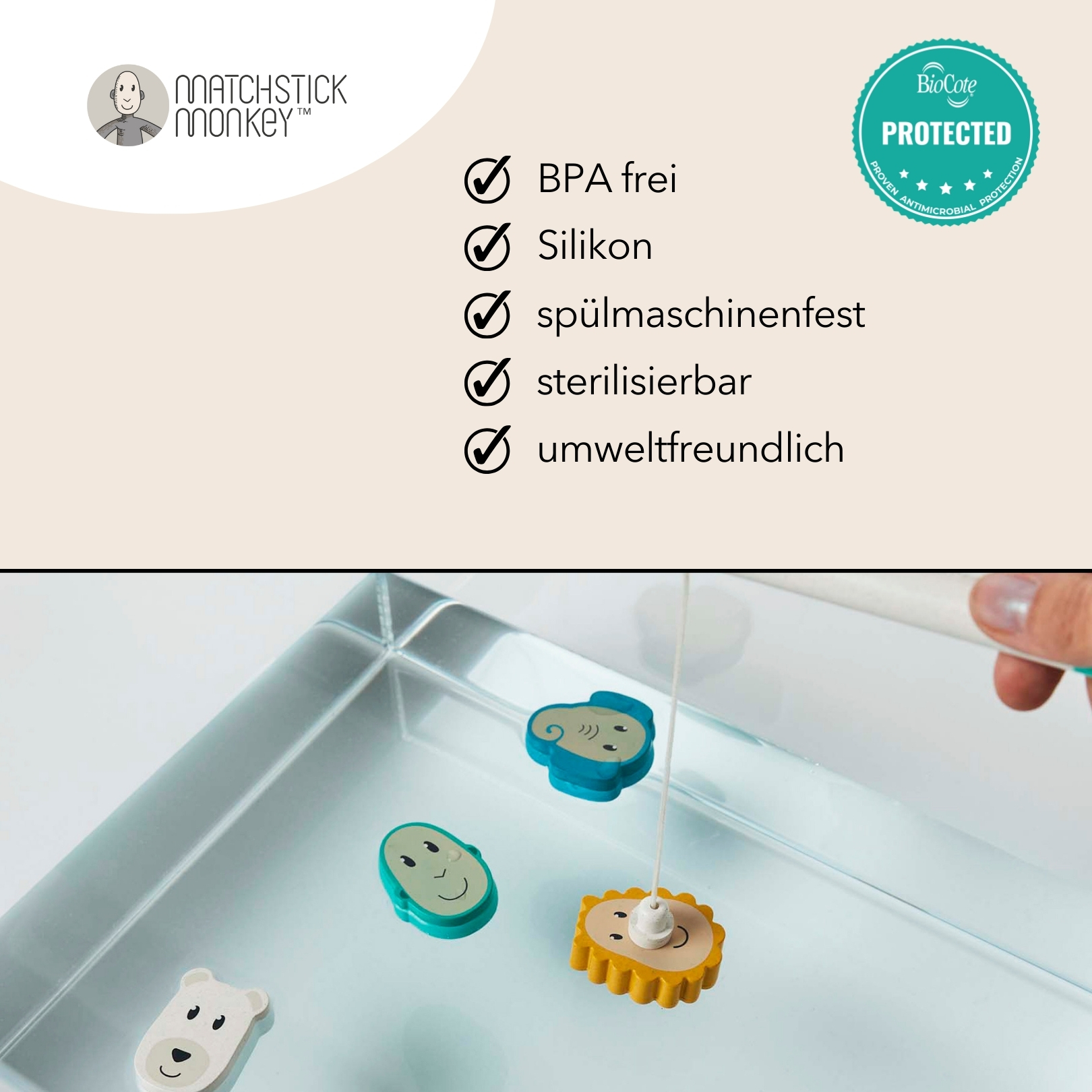 Angelspielzeug mit drei Tierformen in einem durchsichtigen Wasserbehälter. Enthält Logo und Umweltinformationen.