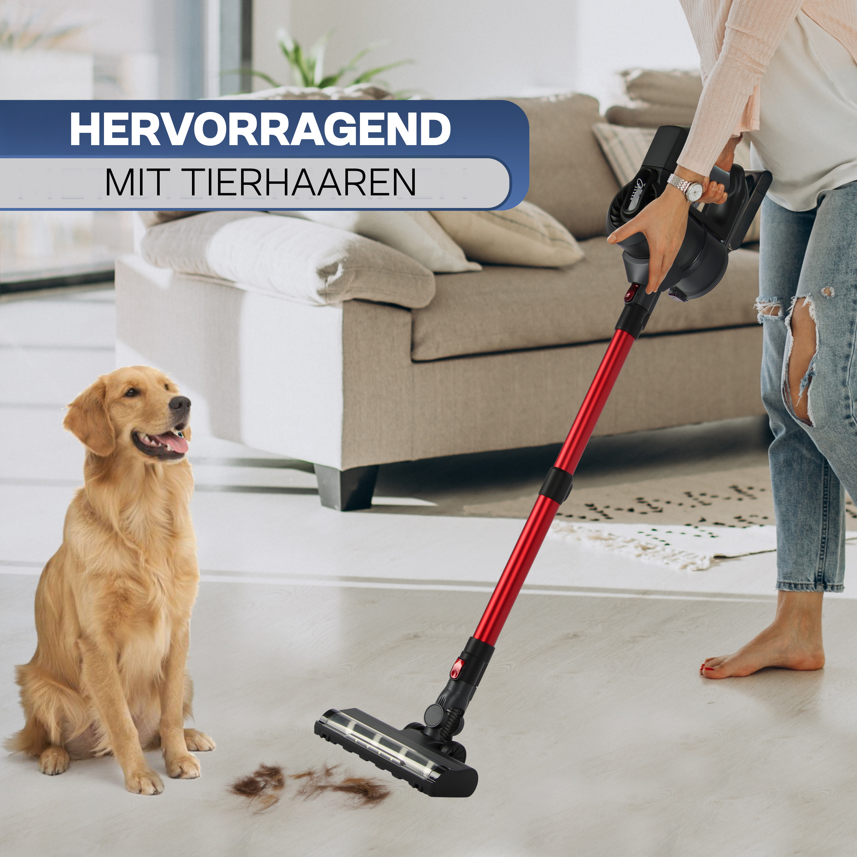 Frau mit rotem/schwarzem Staubsauger, Hund sitzt auf dem Boden, Saugen von Tierhaaren.
