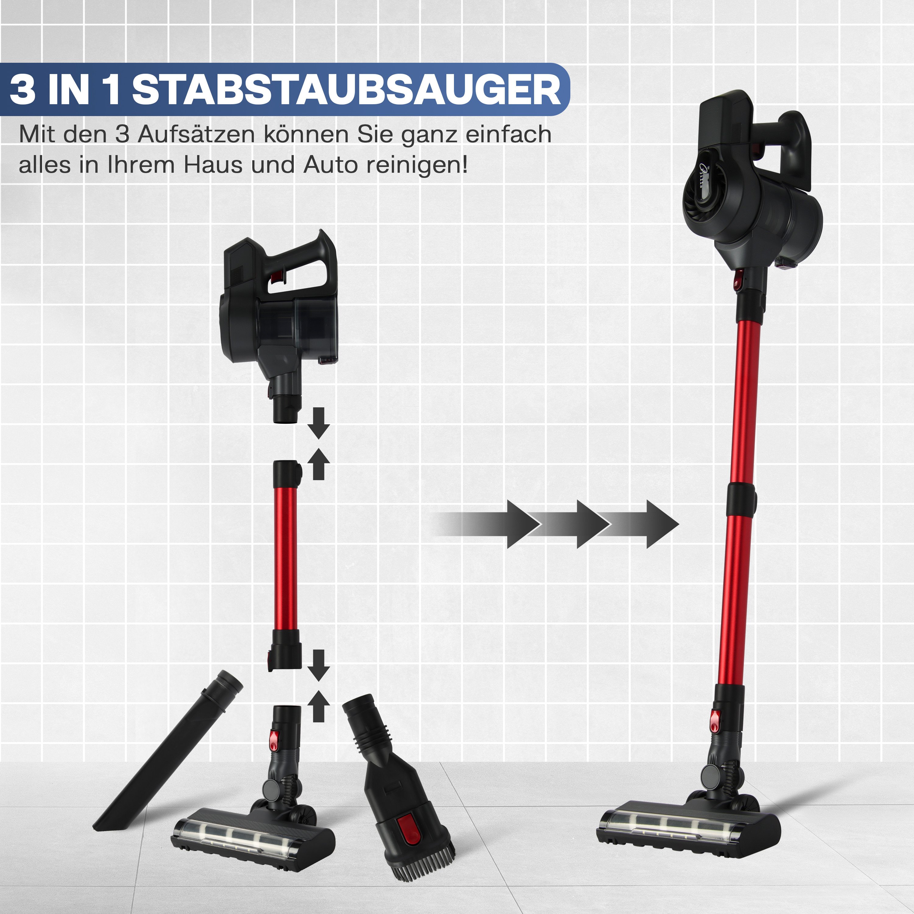 Explosionsdarstellung eines 3-in-1-Stielsaugers mit roten und schwarzen Teilen.