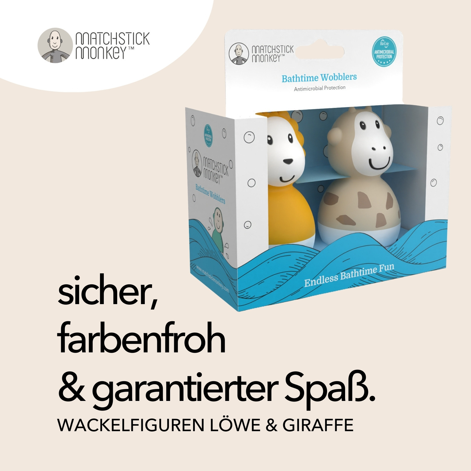 Box mit zwei Spielzeug-Badewannen-Wobblern: ein Löwe und eine Giraffe. Text auf Deutsch.