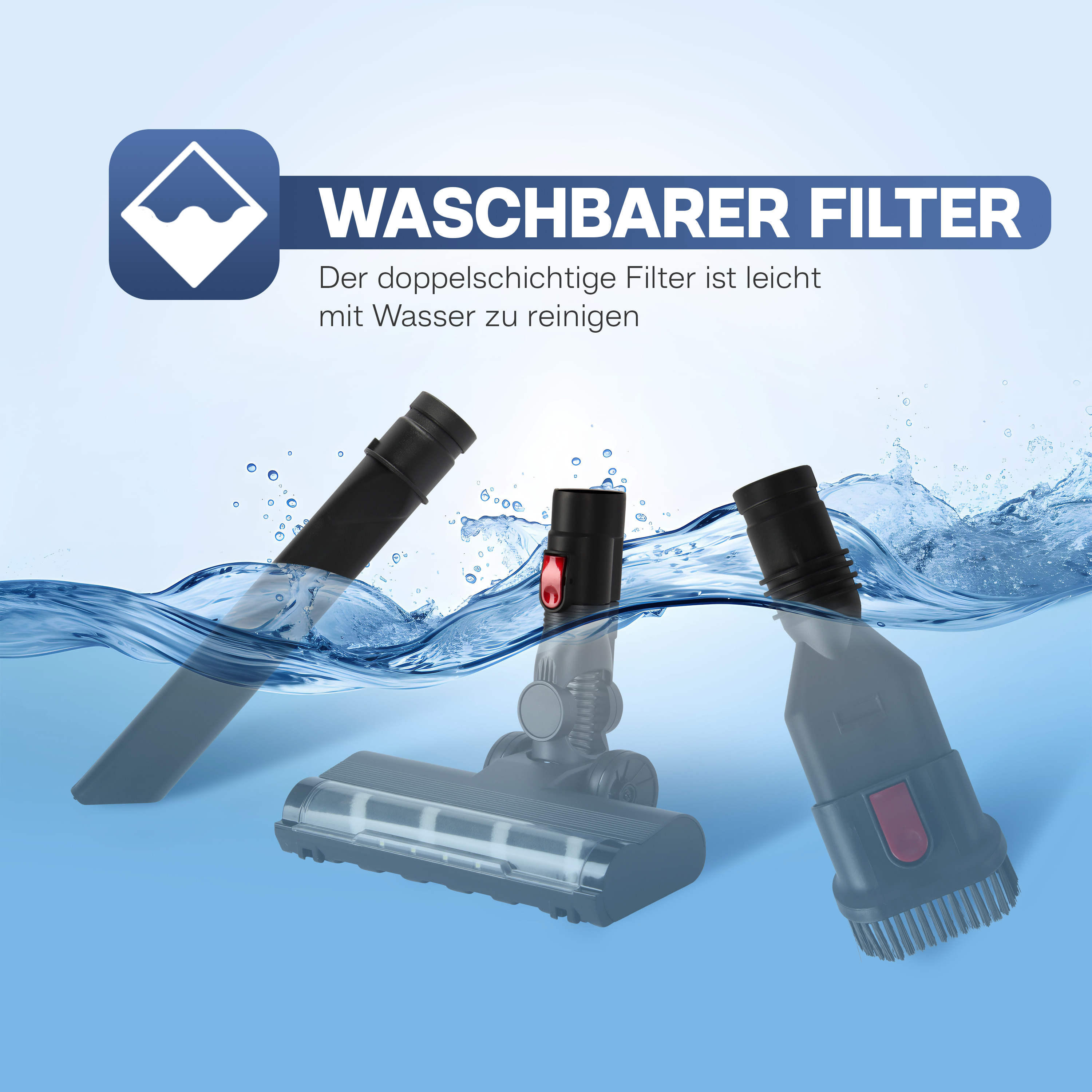 Staubsaugeraufsätze, weißer Hintergrund, Wasserspritzer und Text.