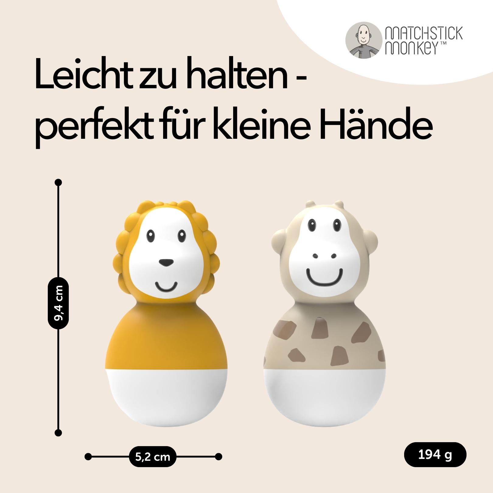 Zwei Babyspielzeuge: Ein gelber Löwe und eine beige Giraffe. Text beschreibt sie als leicht zu halten.