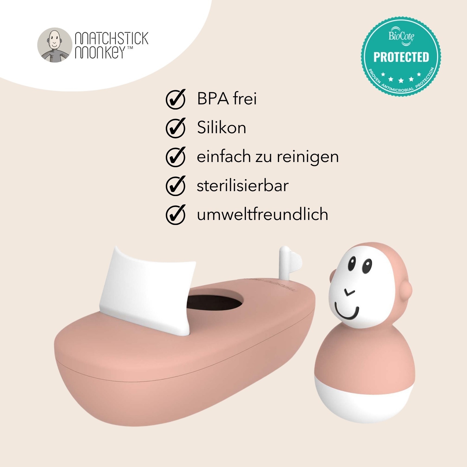 Rosa Babyflaschenreiniger und Affenspielzeug. Text zeigt Eigenschaften: BPA-frei, Silikon, leicht zu reinigen.