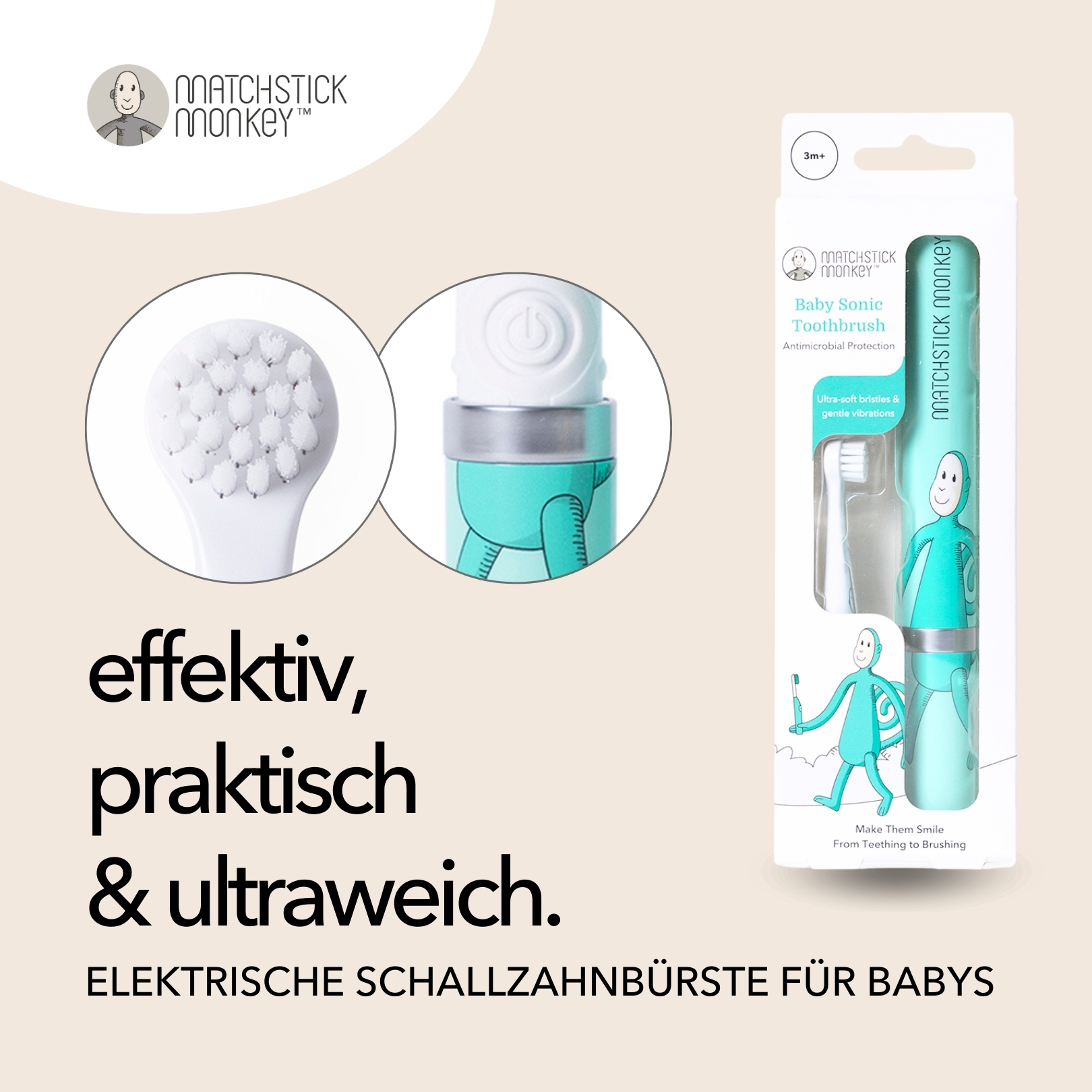 Baby-Schallzahnbürste mit zwei Bürstenköpfen und einer Verpackung.