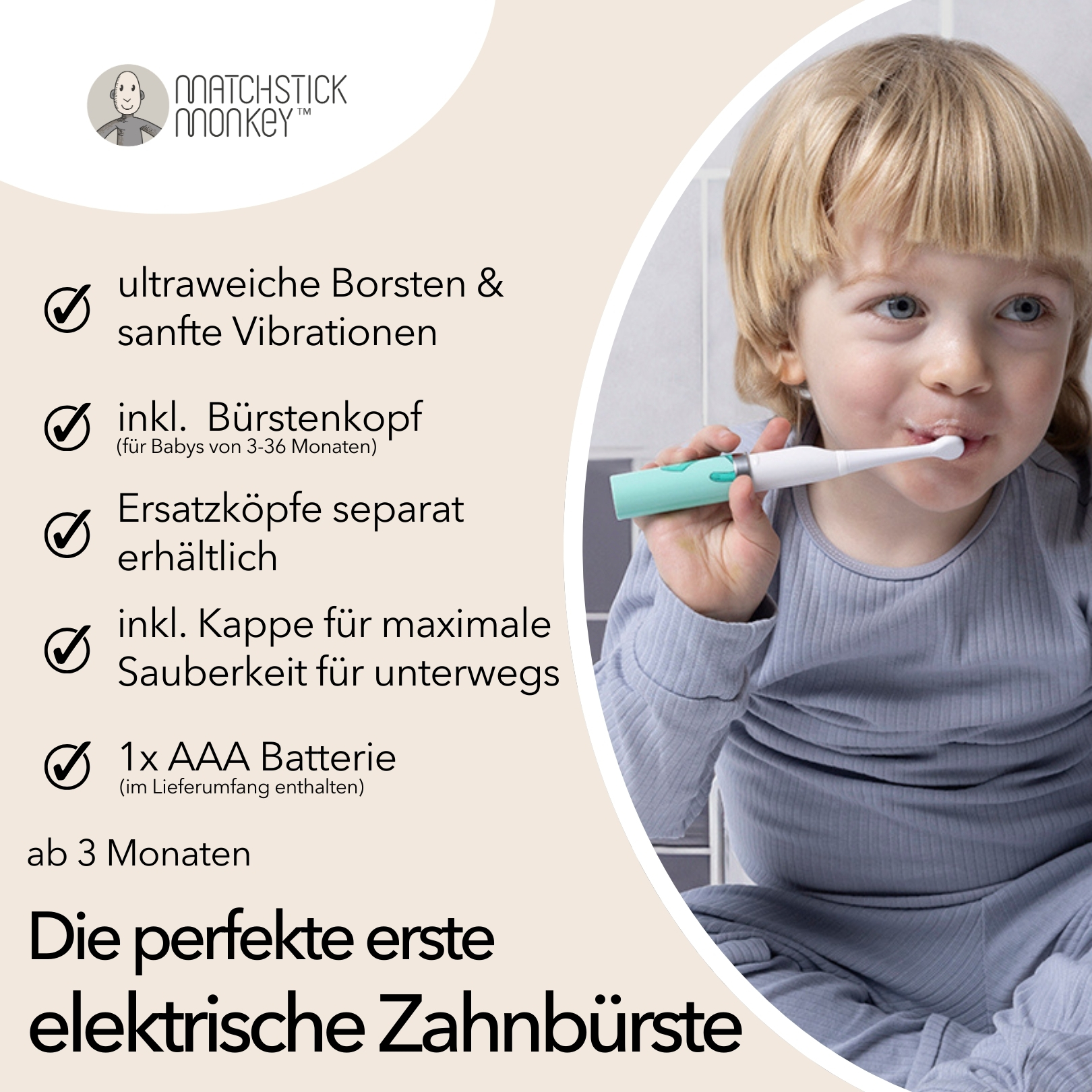 Junges Kind putzt sich die Zähne mit einer elektrischen Zahnbürste, Text über die Bürste.
