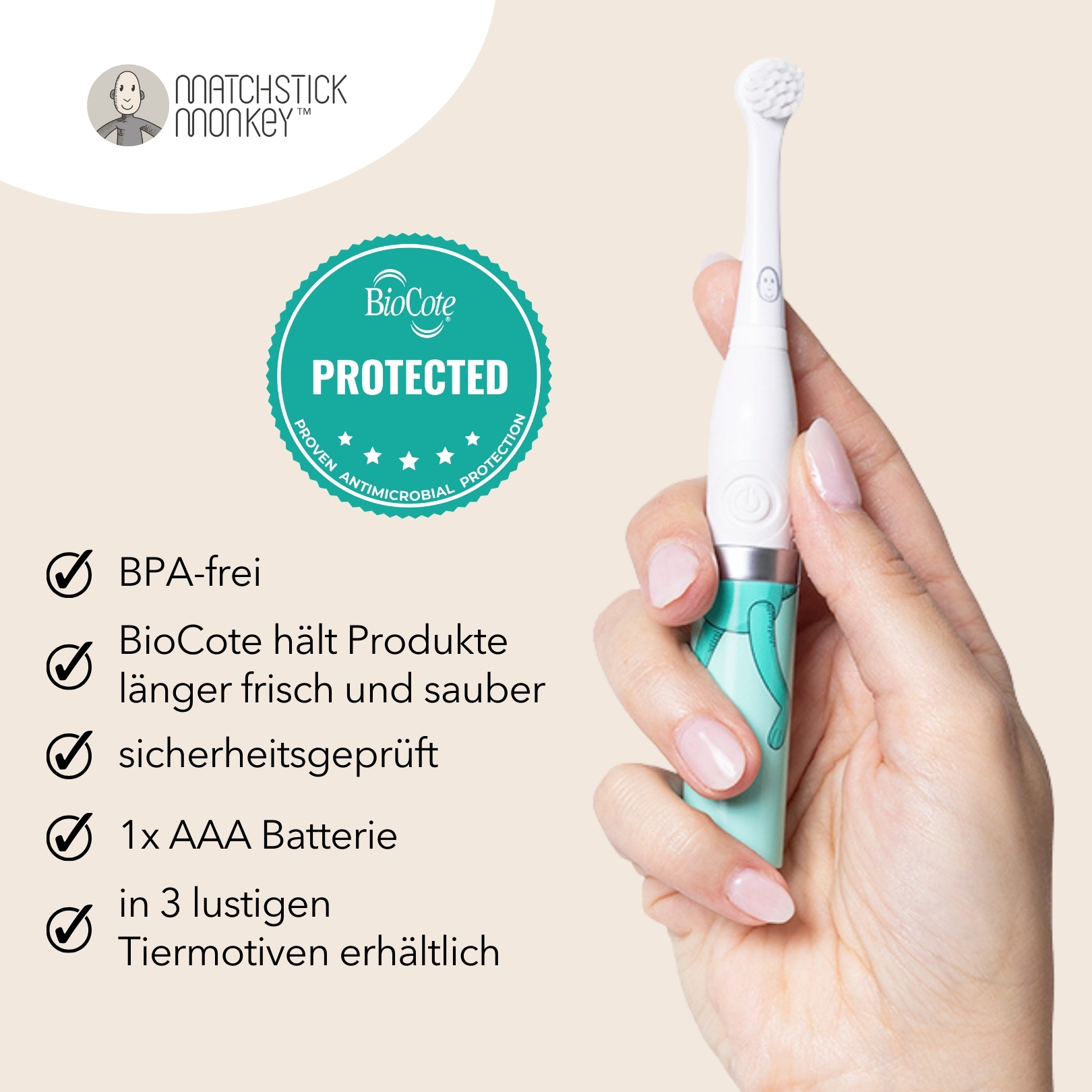 Hand hält eine weiße und türkis Baby-Zahnbürste mit grünem BioCote-Siegel.