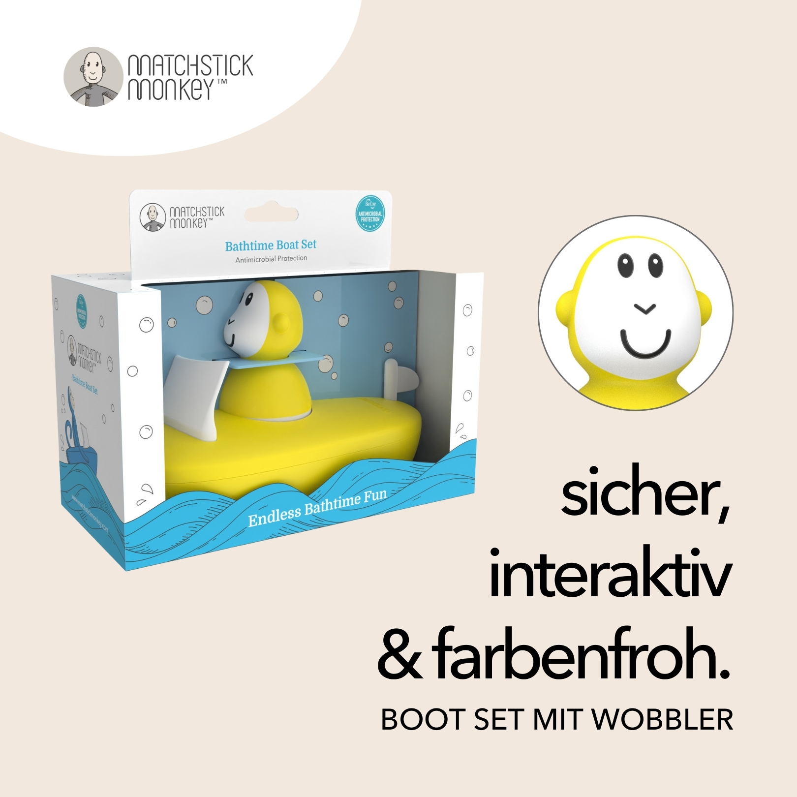 Ein gelbes Spielzeugboot in einer Box, mit deutschem Text: 'sicher, interaktiv & farbenfroh. Boot-Set mit Wackler'.