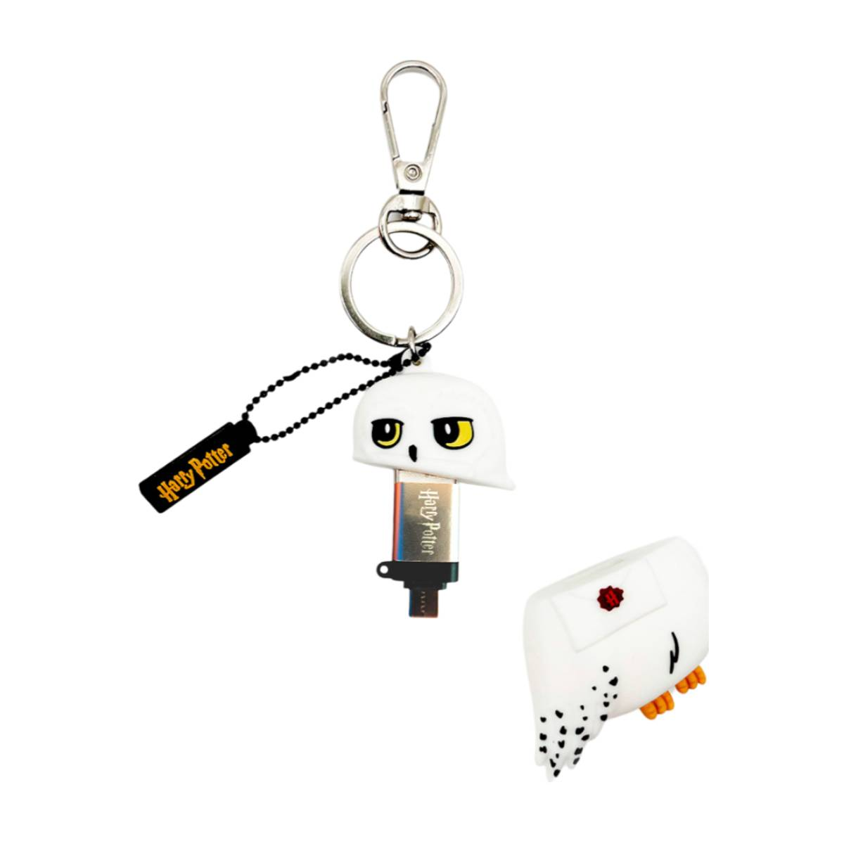 Clé USB chouette Harry Potter blanche avec porte-clés, sur fond blanc.
