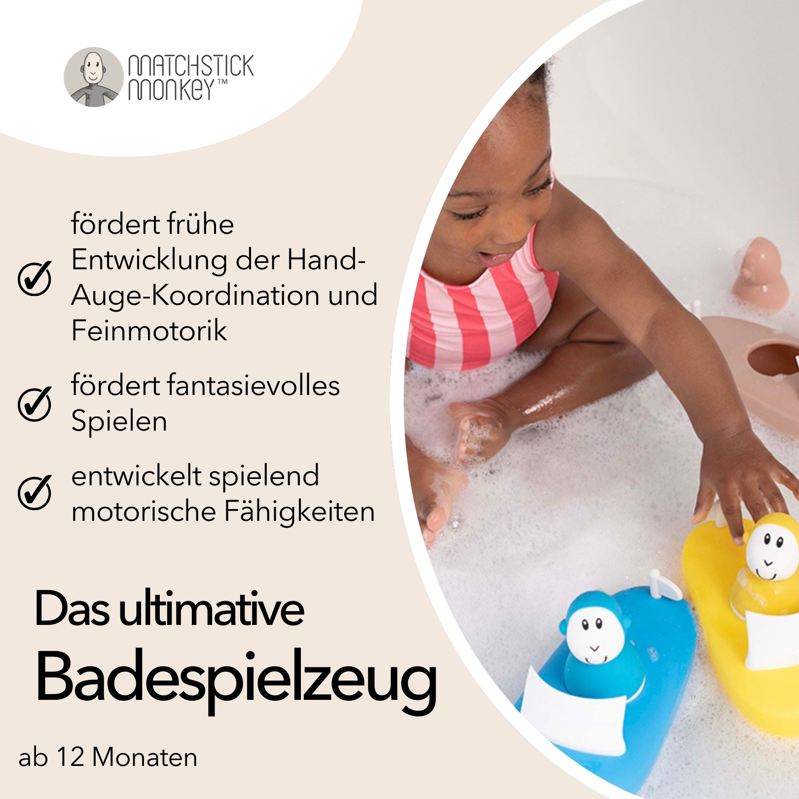 Kind spielt mit Badespielzeug in der Wanne. Text beschreibt Vorteile der Spielzeuge.