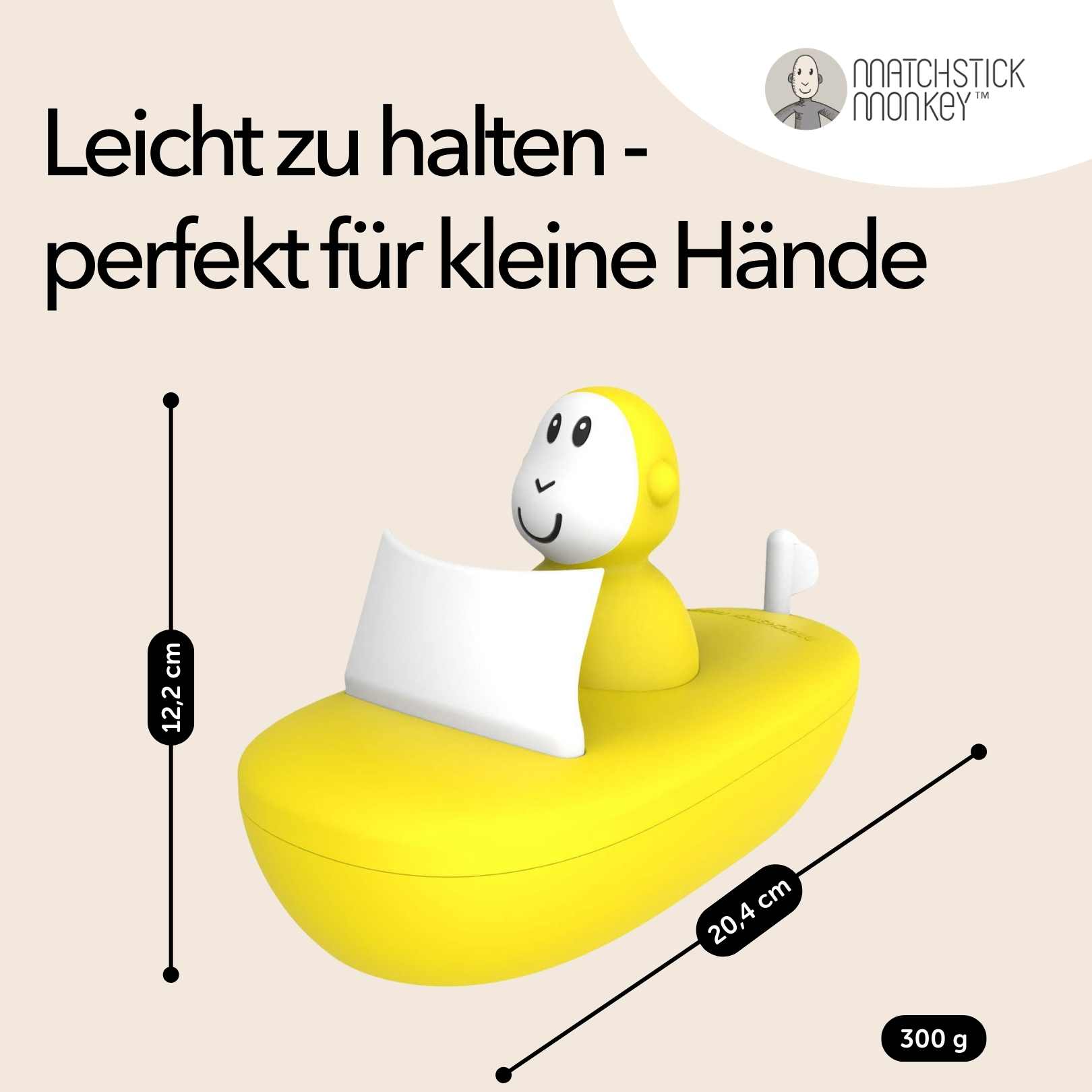 Ein gelbes Spielzeugboot mit einem gelben Affen und einem weißen Kissen darauf. Abmessungen und Gewicht gezeigt.
