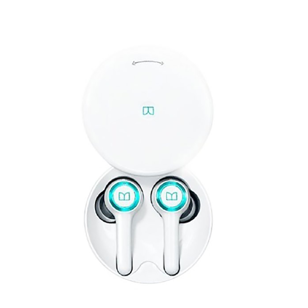 Auricolari wireless bianchi in una custodia di ricarica bianca. La custodia è aperta, rivelando gli auricolari.