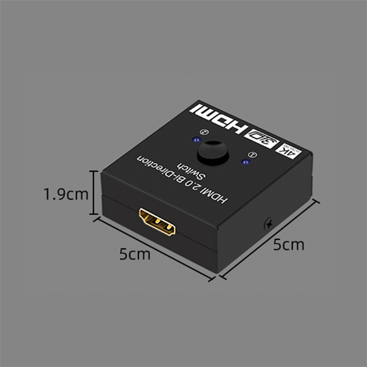 Schwarze HDMI-Switch-Box mit Abmessungen und Text: HDMI 2.0 Bi-Direction Switch.