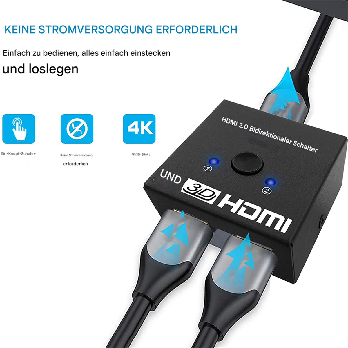 Schwarzer HDMI 2.0 bidirektionaler Switch mit Kabeln und Symbolen.