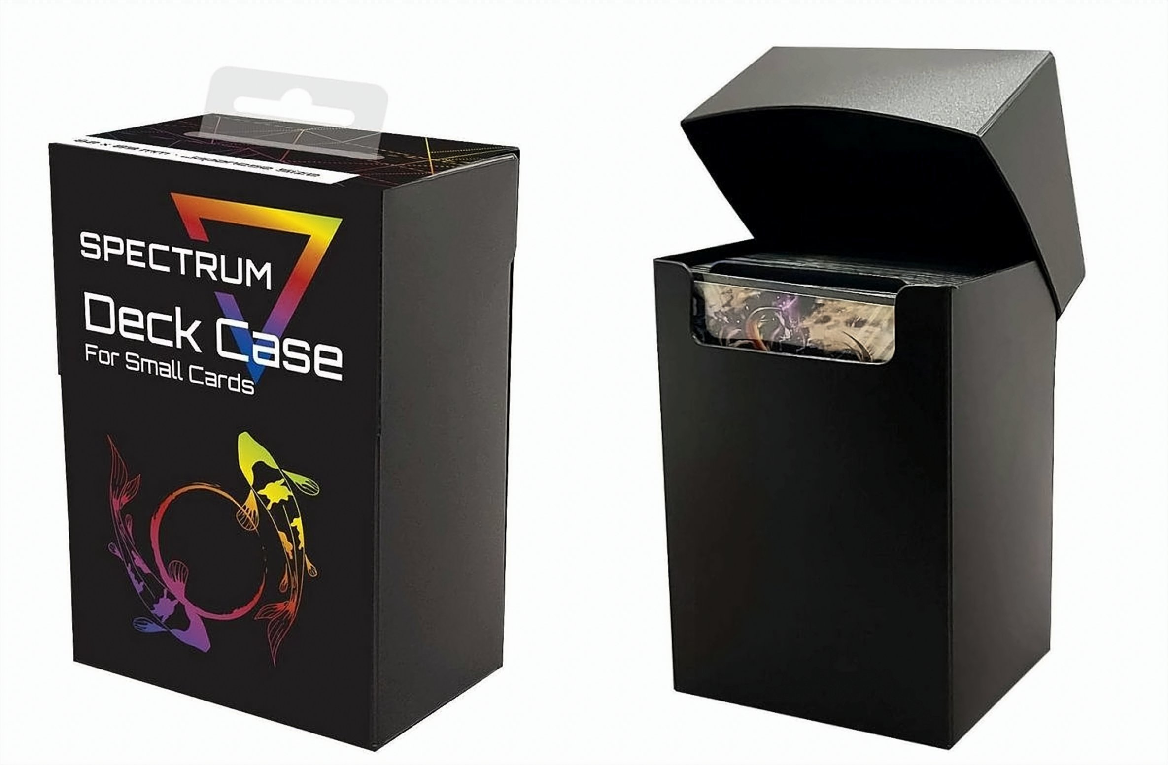 Zwei schwarze Deck Case-Boxen. Eine offen, eine geschlossen, mit Kois auf der Seite der geschlossenen Box.