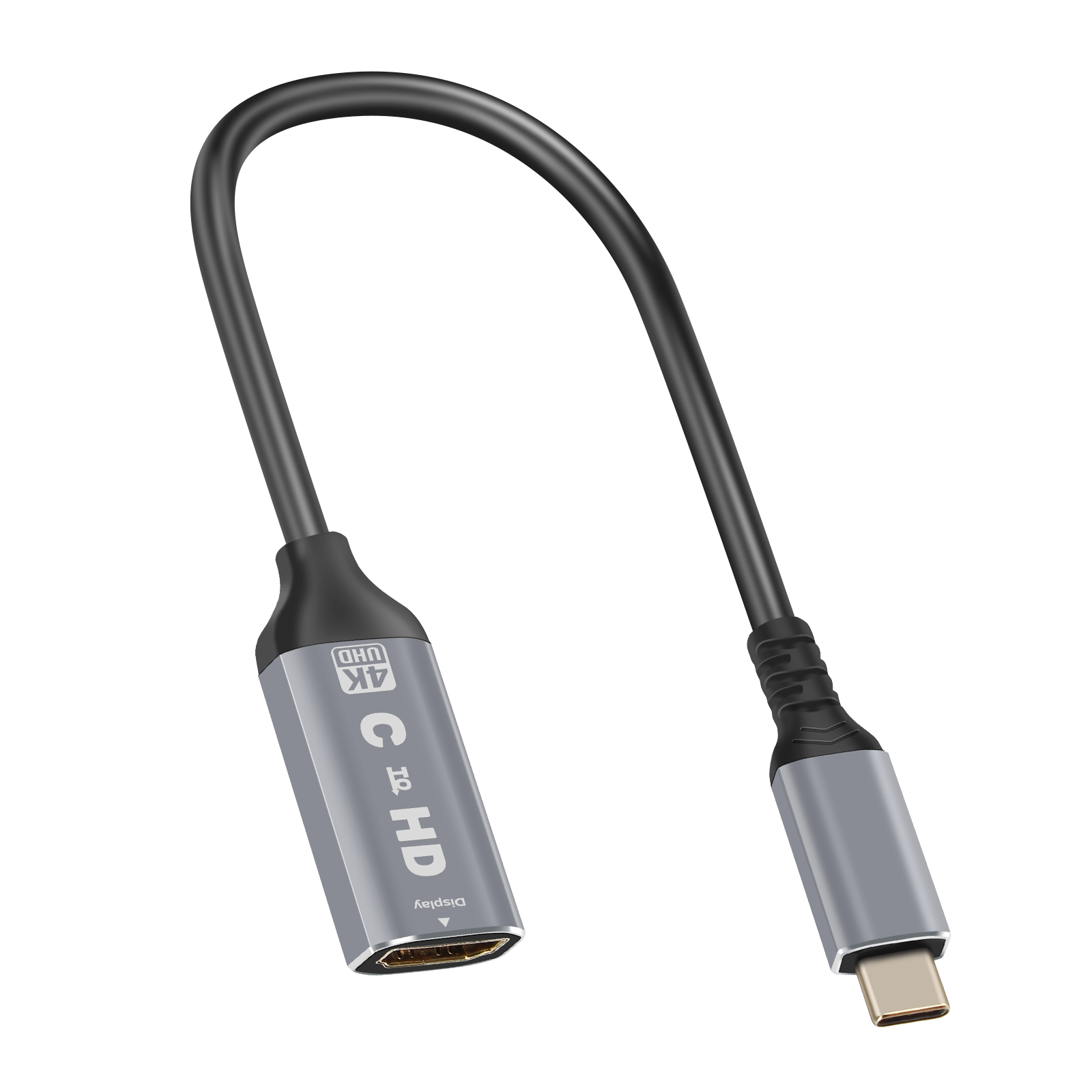 Cavo adattatore da USB-C a HDMI nero e grigio. Connettore grigio su entrambe le estremità.