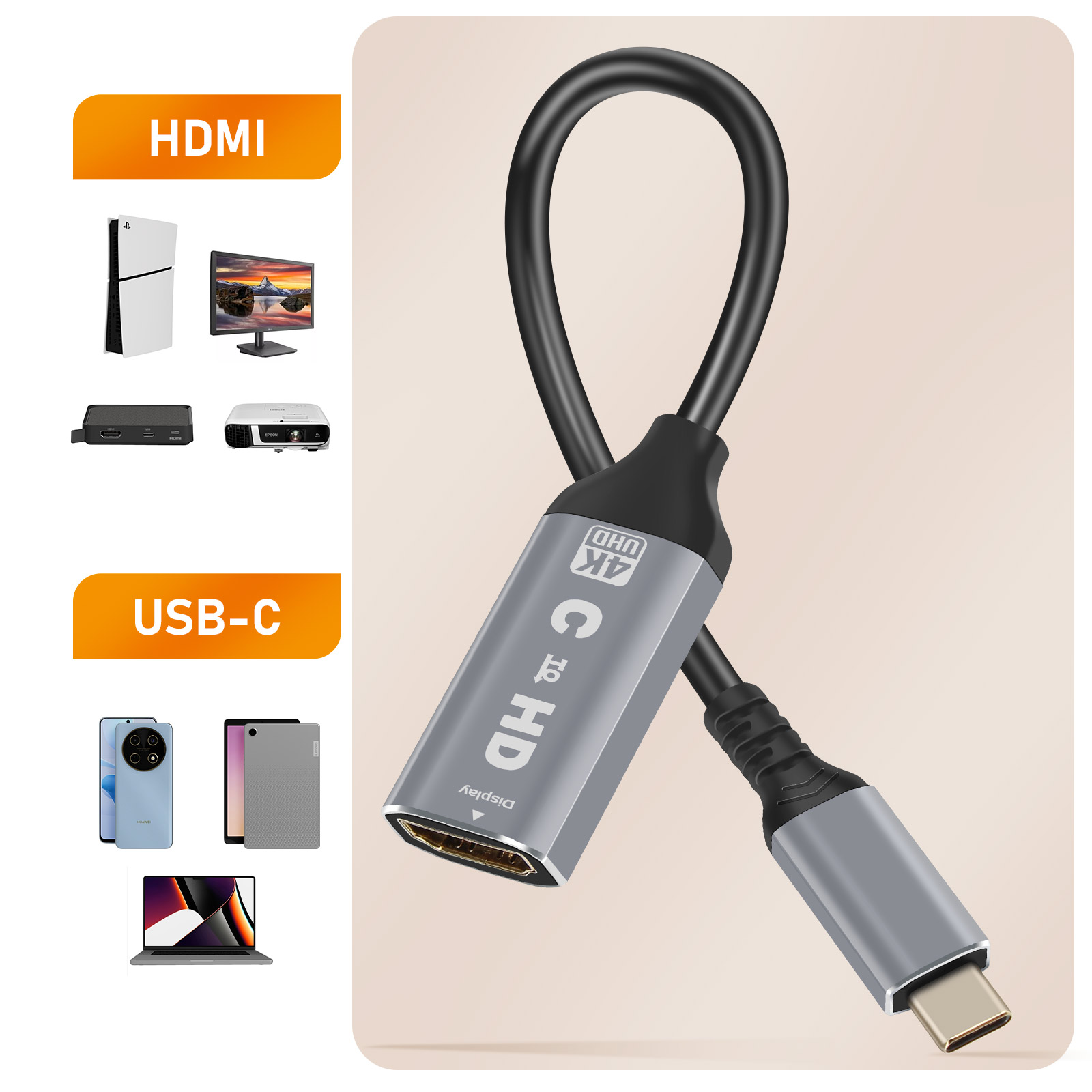 Un cavo da USB-C a HDMI con un connettore argentato e vari dispositivi sullo sfondo.