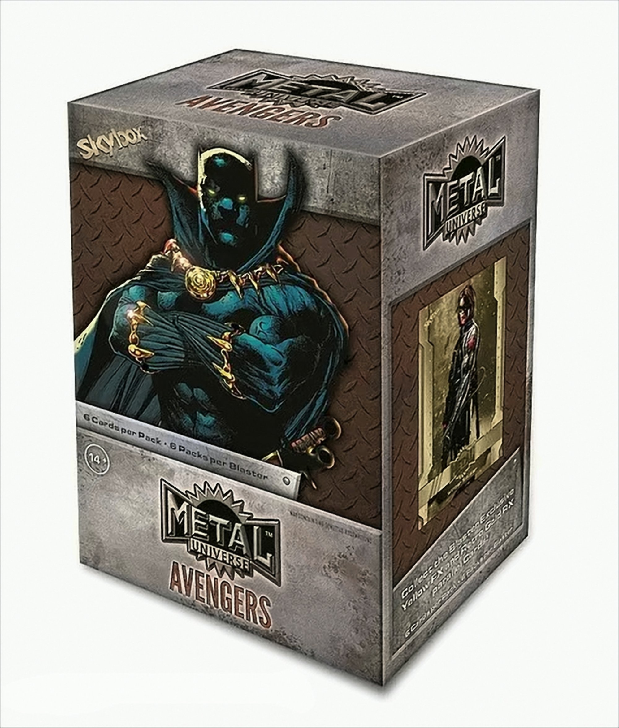 Eine Box mit Metal Universe Avengers Trading Cards. Die Box zeigt Black Panther und andere Charaktere.