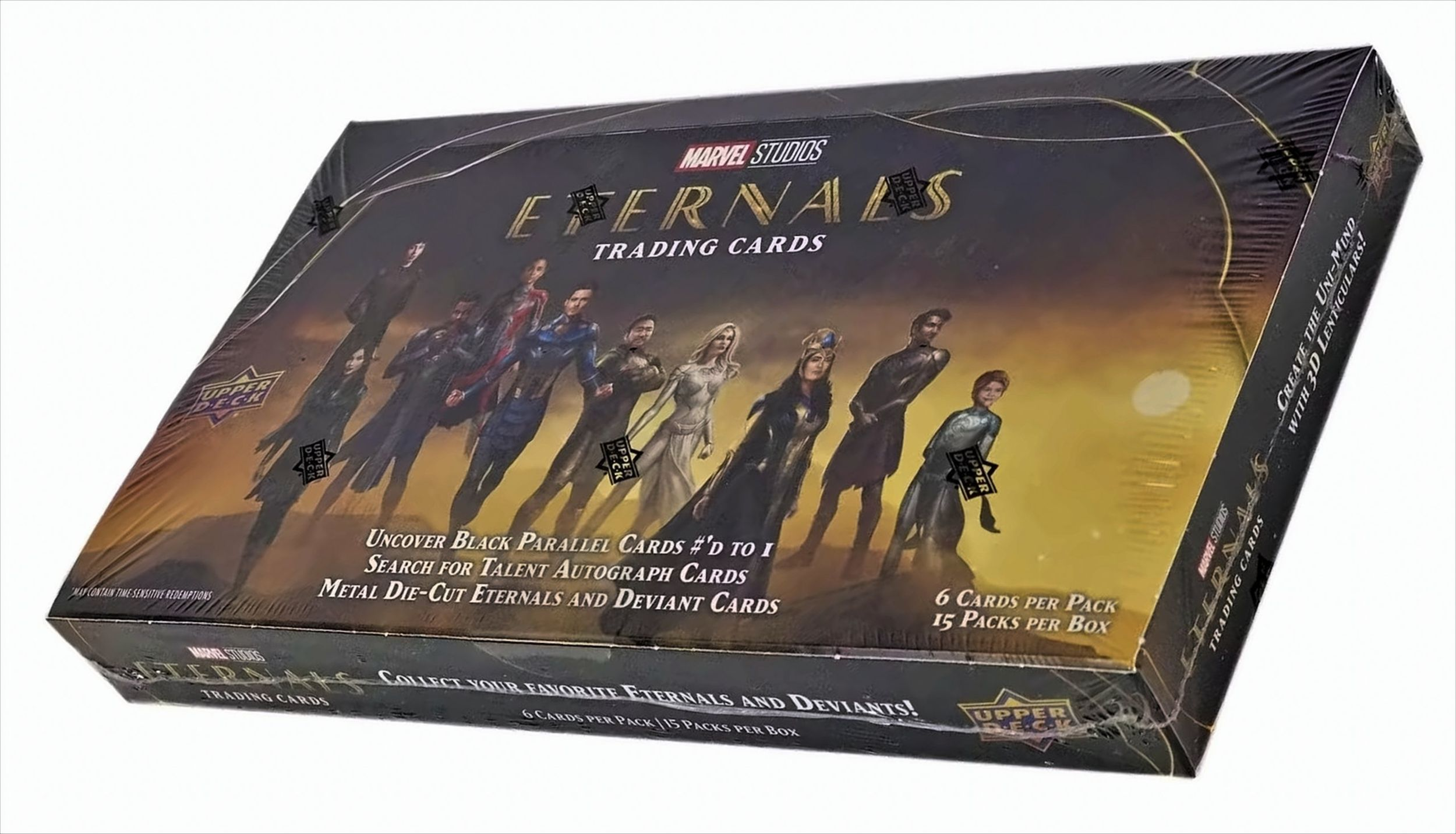 Marvel Eternals Trading Card Box, mit Kunststoff versiegelt. Enthält 6 Packs mit je 15 Karten.