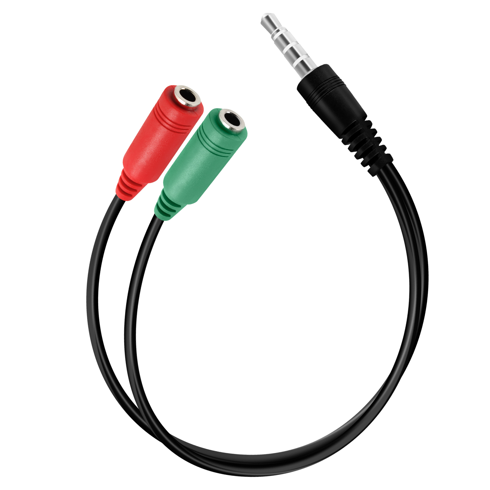 Cavo audio rosso e verde con jack da 3,5 mm. Sfondo bianco.