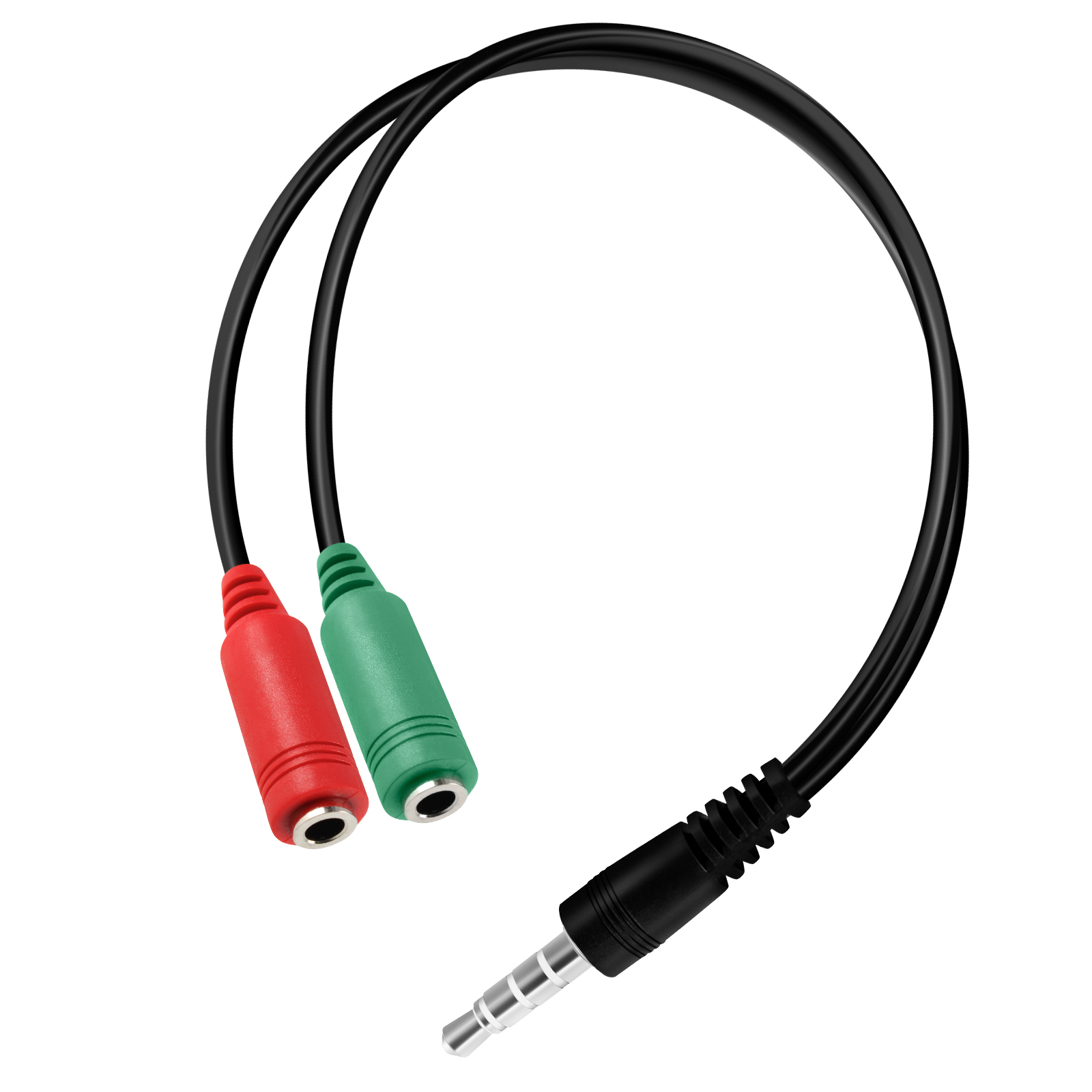 Cavo adattatore audio con connettori rosso e verde, cavo e jack neri.