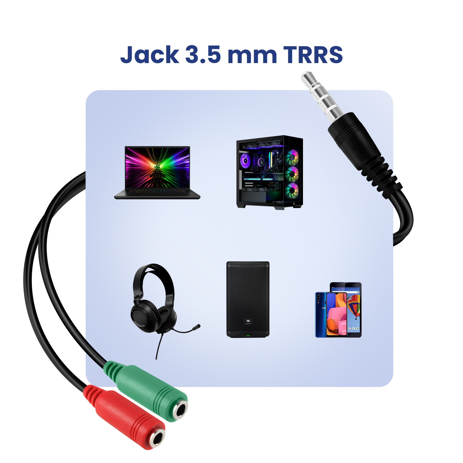 Un'immagine di un jack TRRS da 3,5 mm con vari dispositivi elettronici intorno.