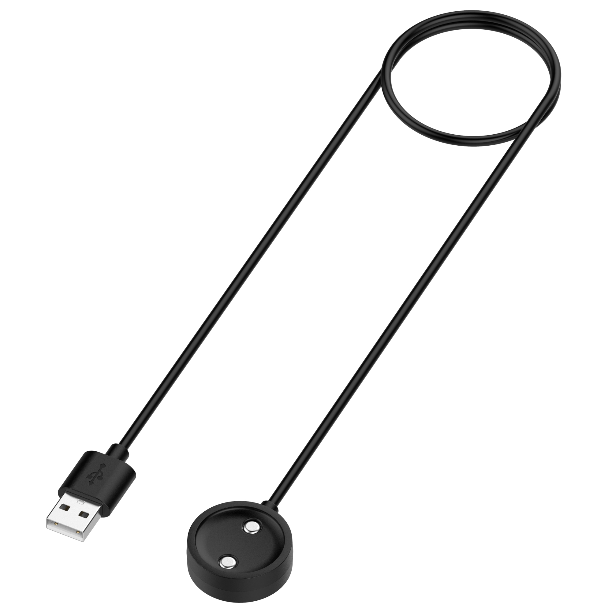 Czarny kabel ładujący USB. Złącze USB i okrągły koniec ładowania. Białe tło.