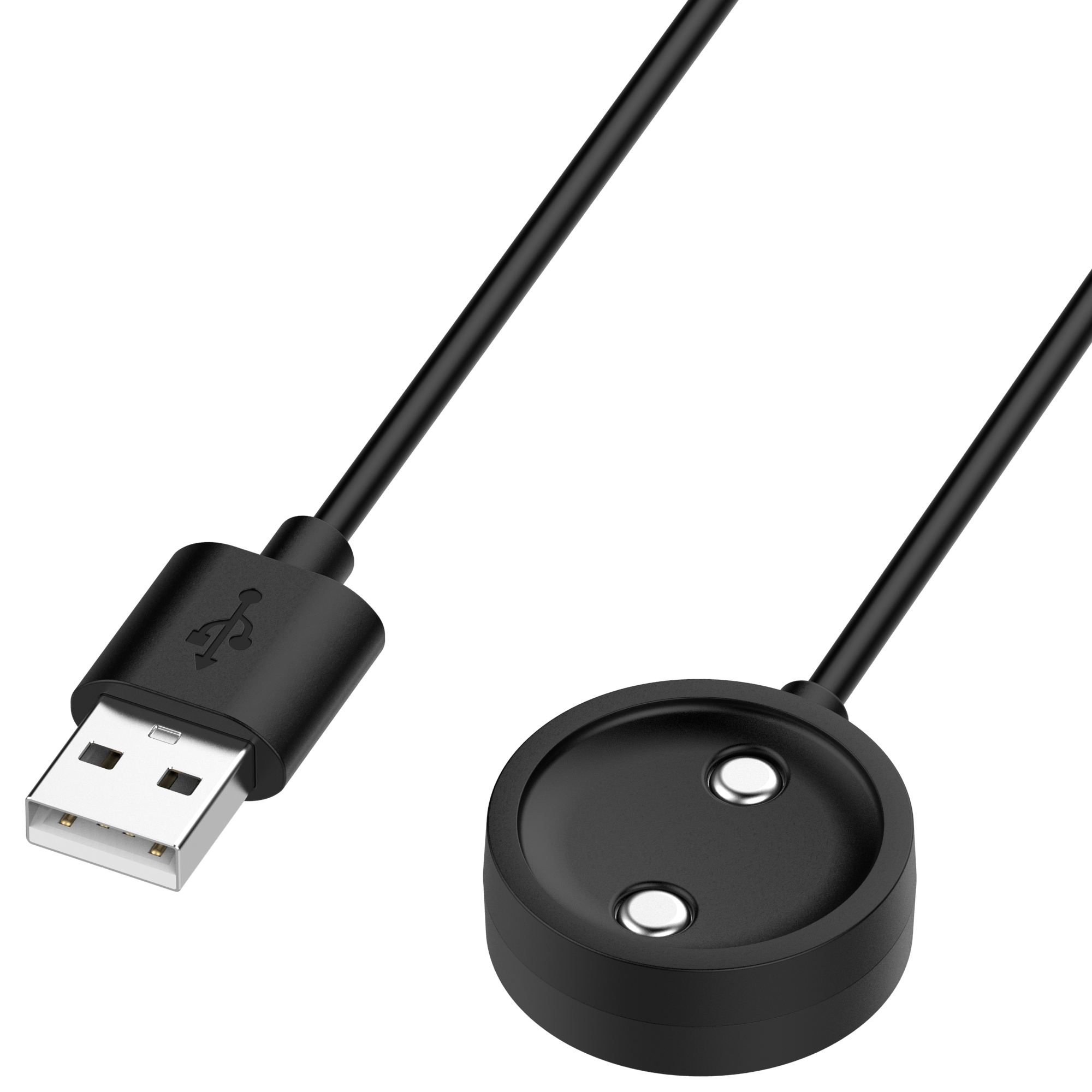 Czarny kabel USB z USB i okrągłym końcem do ładowania. Białe tło.