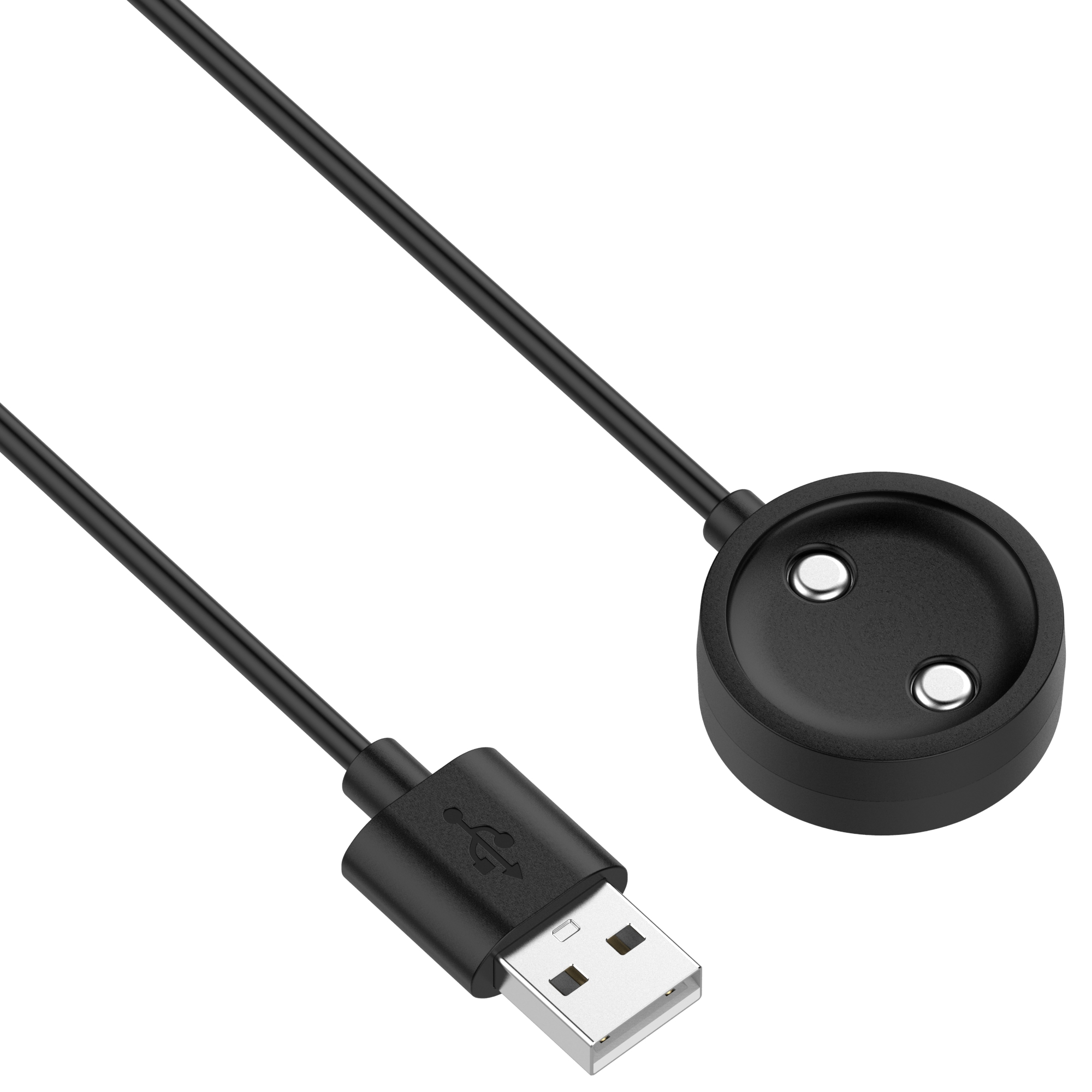 Czarny kabel USB z okrągłą stacją ładującą.