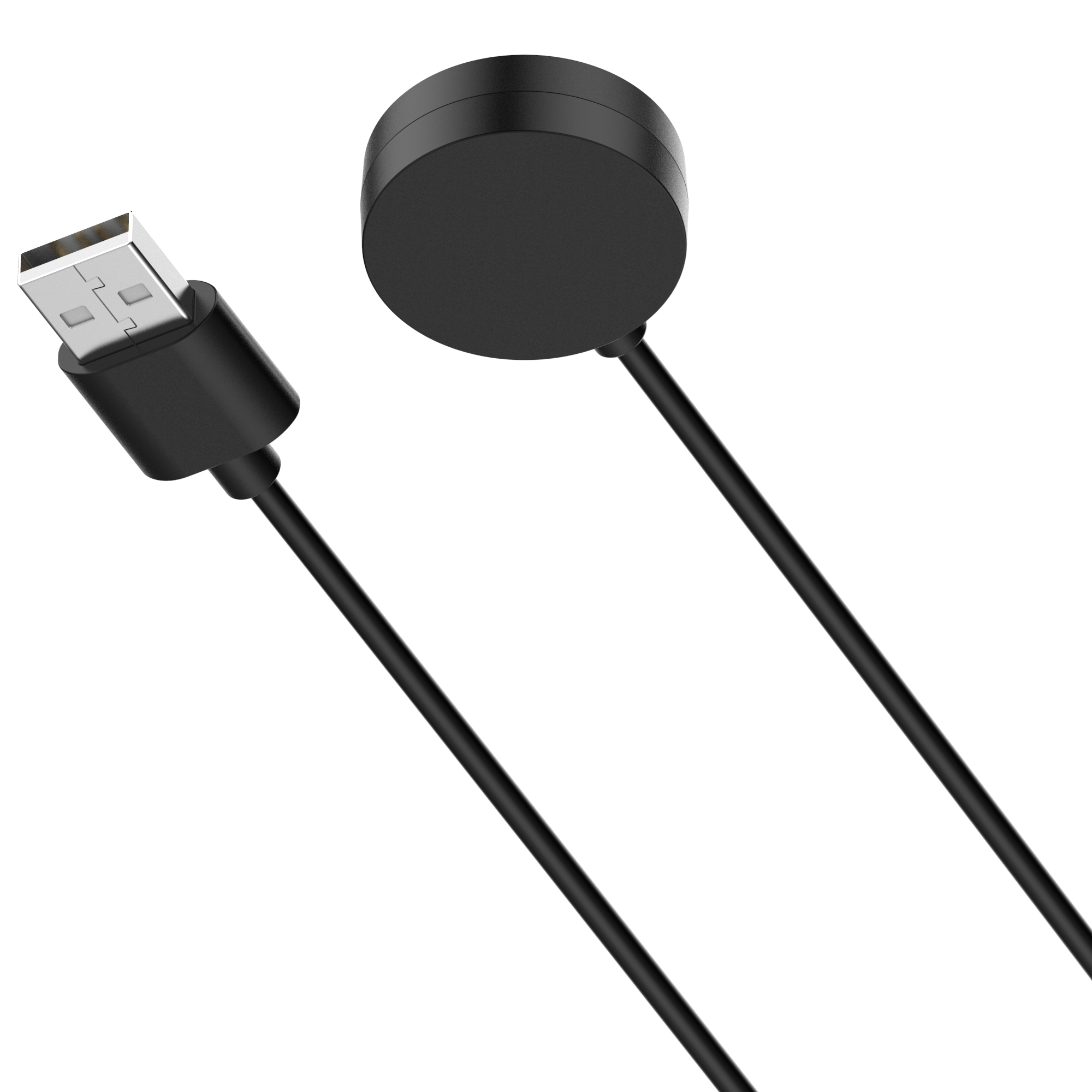 Czarny kabel ładujący z wtyczką USB na jednym końcu i okrągłą podkładką ładującą na drugim.
