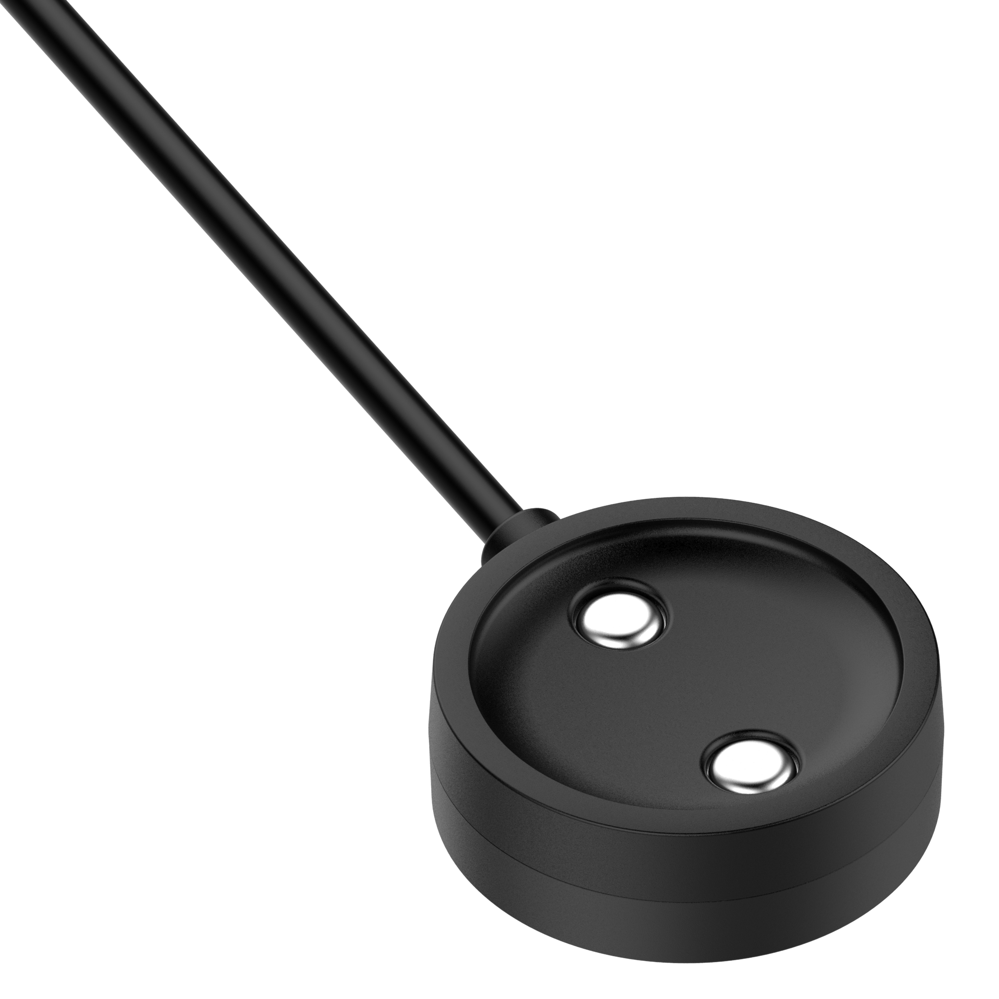 Czarna, okrągła podkładka ładująca do smartwatcha z dwoma srebrnymi punktami ładowania.