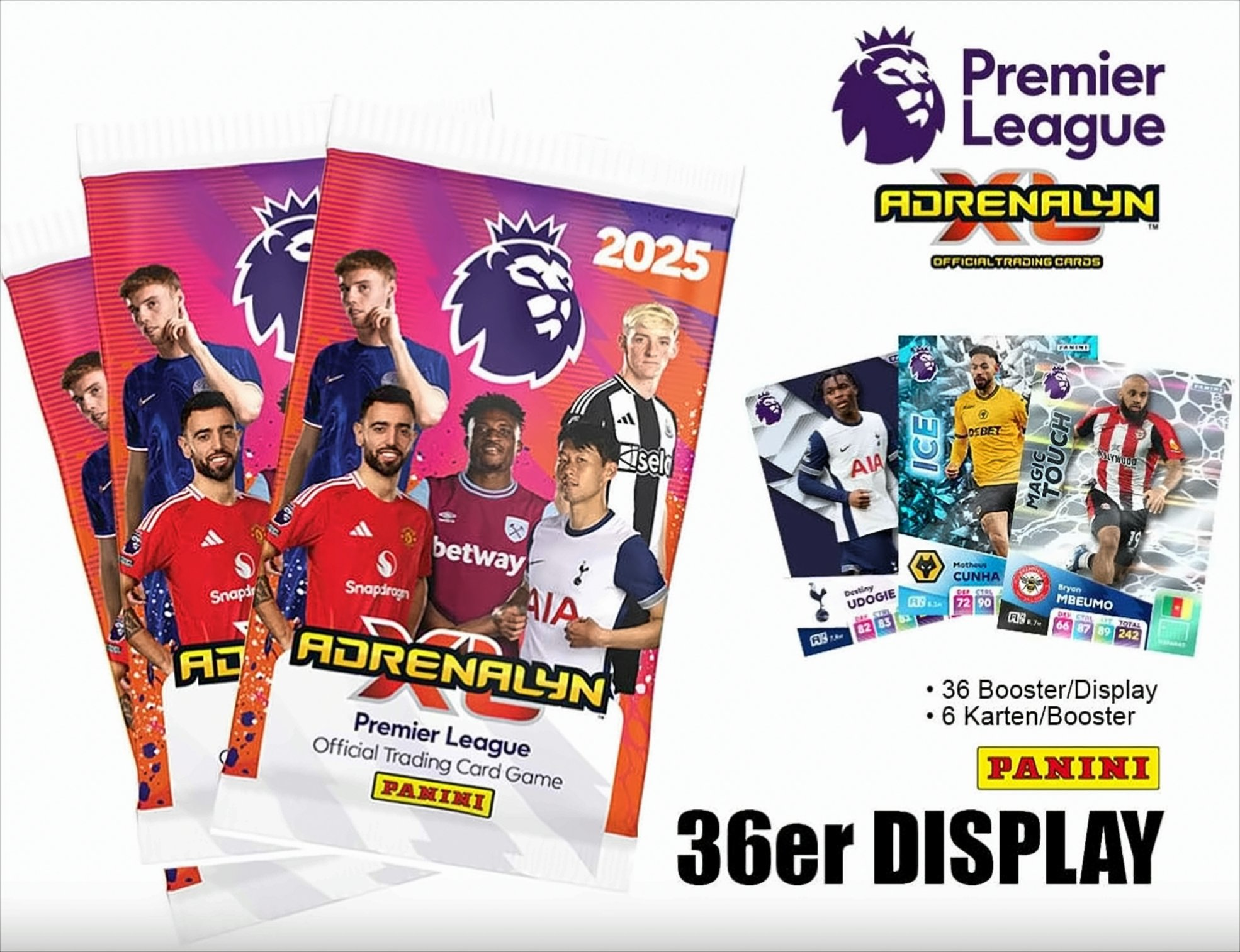 Premier League Adrenalyn Sammelkarten-Packs und Karten. Enthält 36 Packungen Display und Panini-Logo.