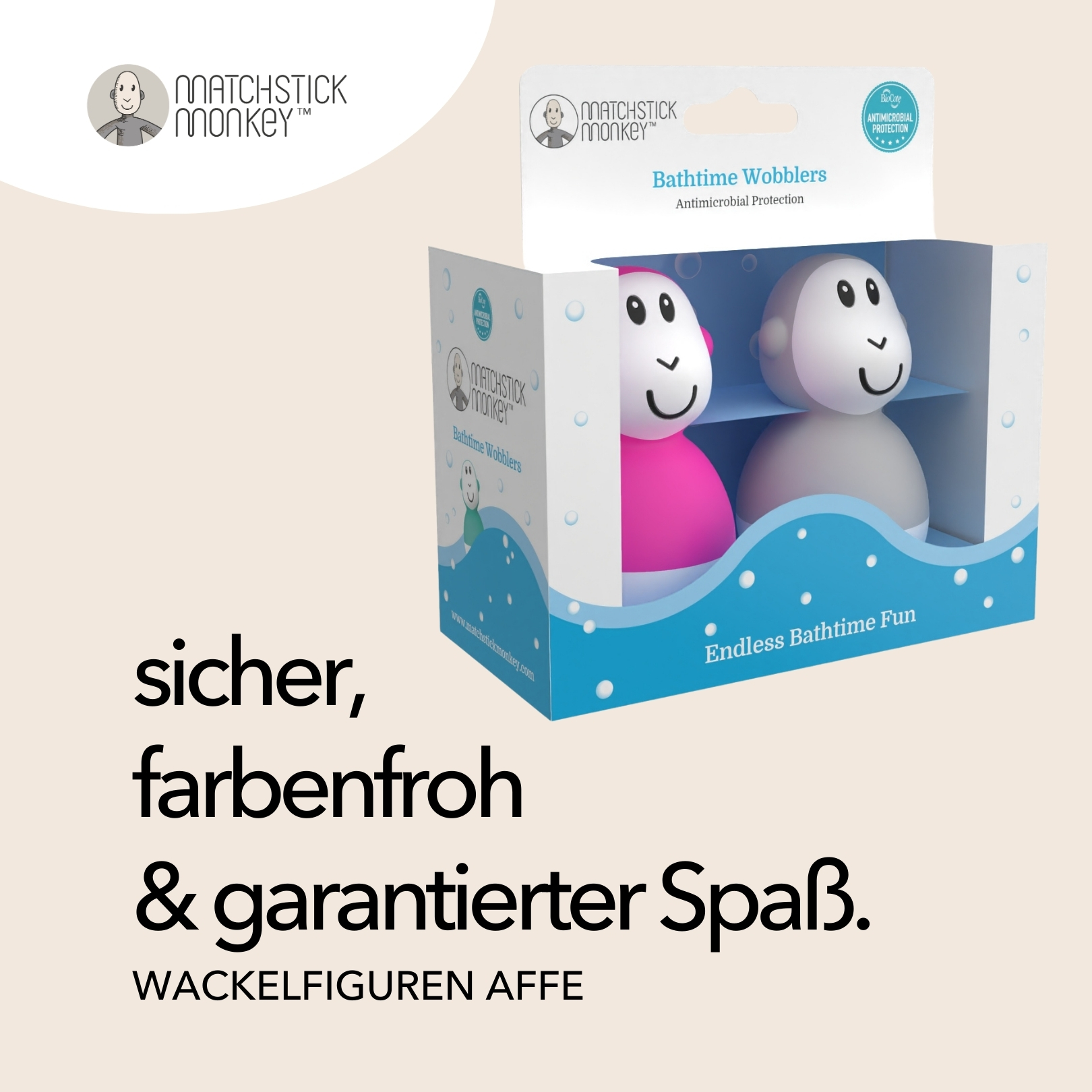 Box mit Badespielzeug. Zwei affenförmige Badespielzeuge. Text: sicher, farbenfroh & garantierter Spaß.