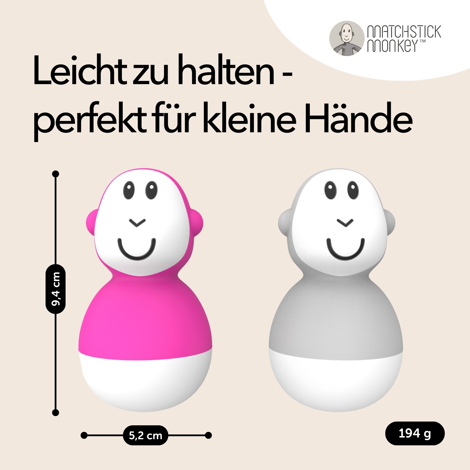 Rosa und graue Affenspielzeuge, Text über das Halten. Weißer Hintergrund.