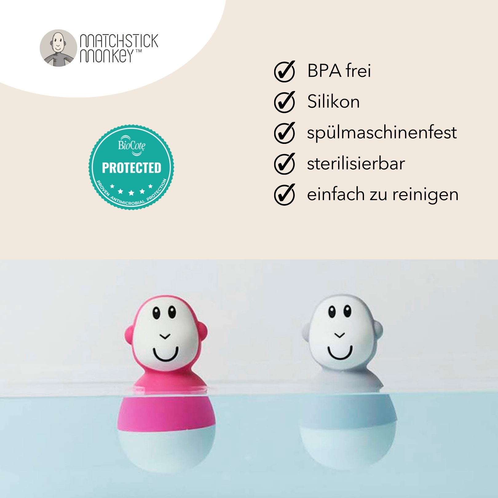 Zwei Babyspielzeuge, eines rosa, eines grau, mit Text und Häkchen auf hellem Grund.