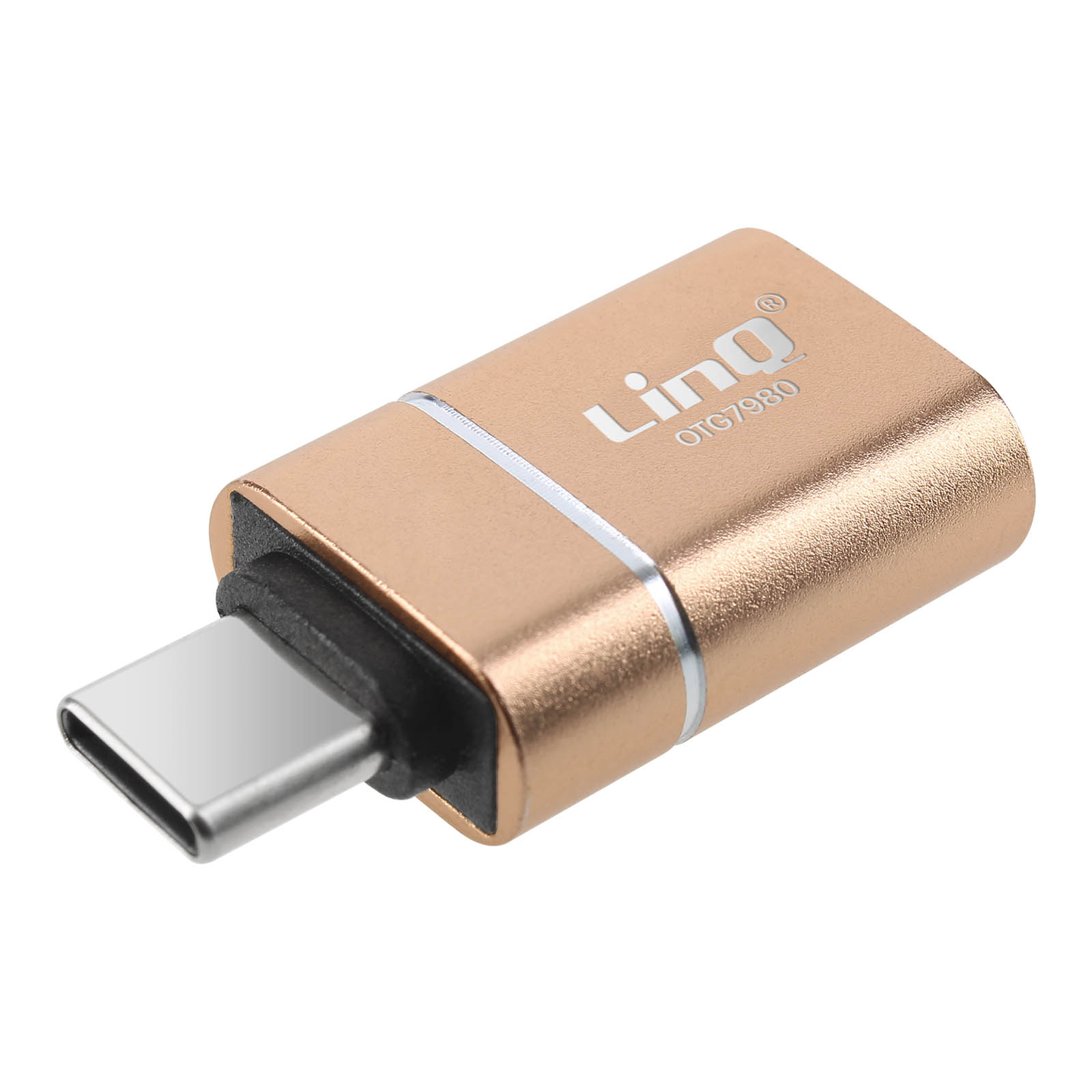 Adattatore USB-C dorato. Ha il marchio 'Linq' e il testo 'OTG/980'.