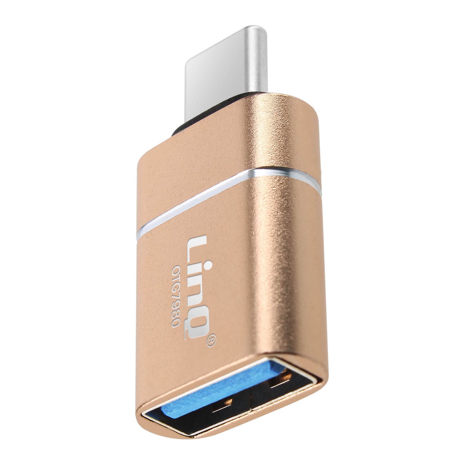 Adattatore USB-C dorato. Ha un connettore USB-C e una porta USB.